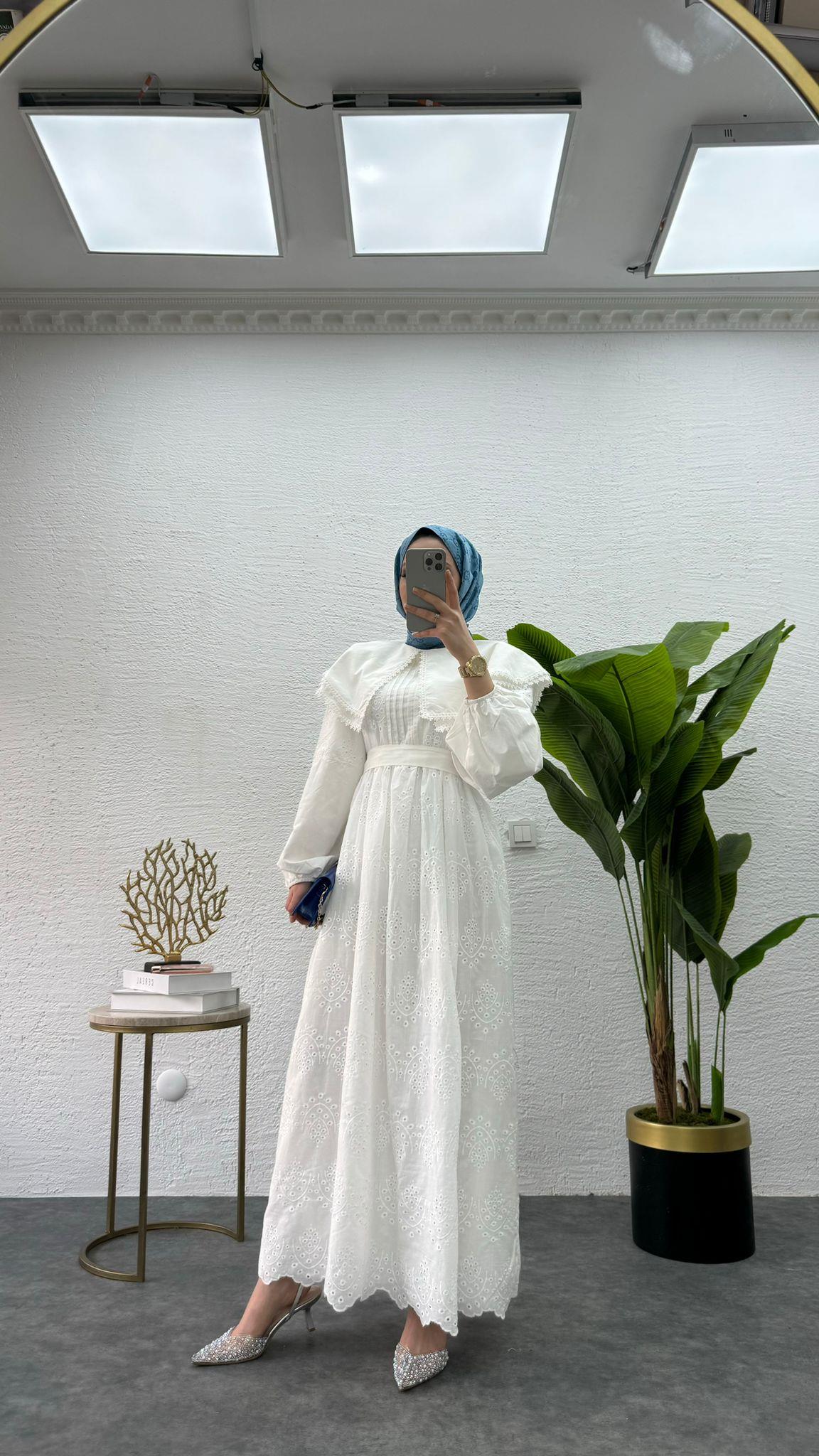 MEYSADESIGN ELBİSELER Bebe yaka Fisto elbise Beyaz