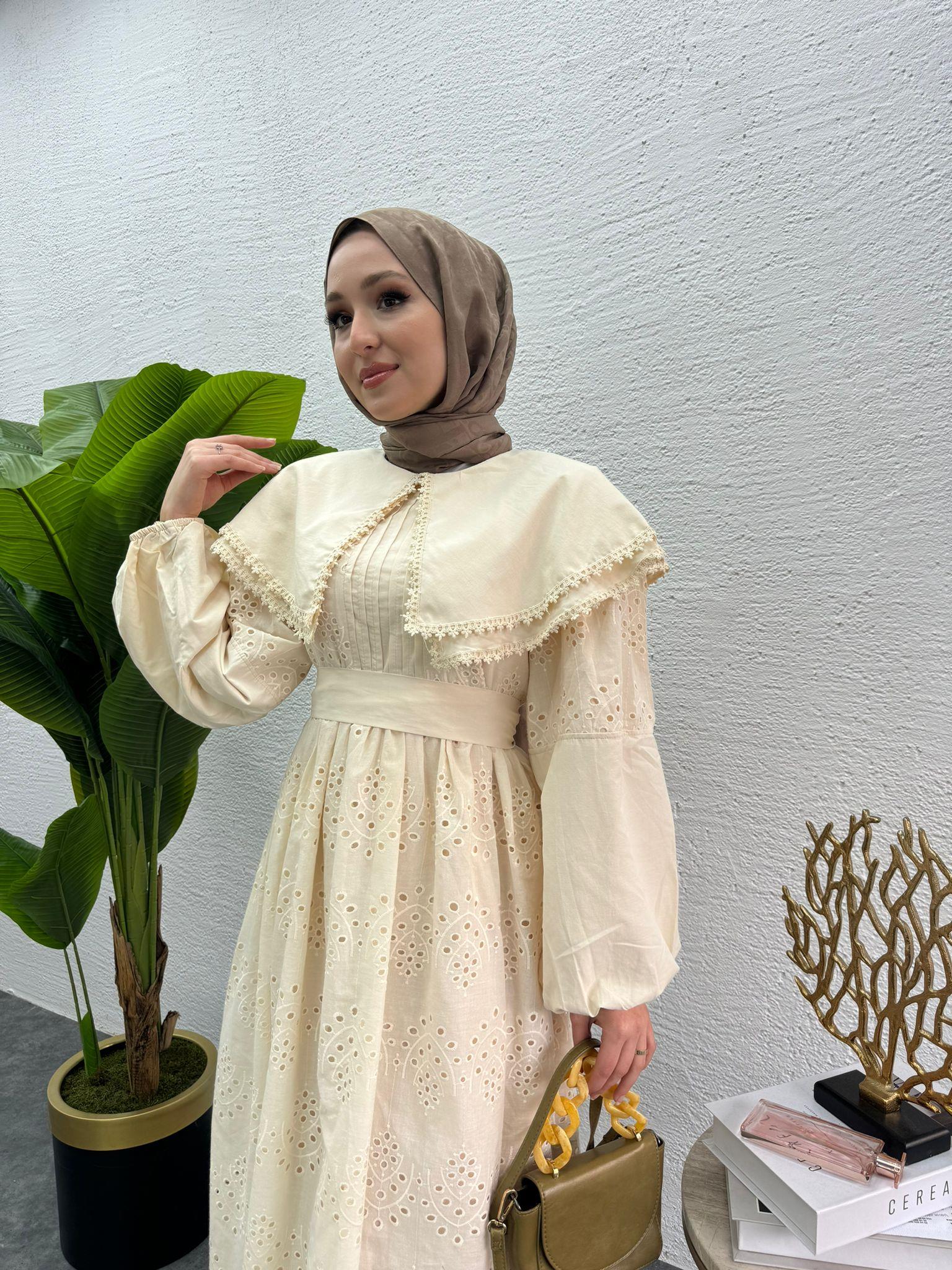 MEYSADESIGN ELBİSELER Bebe yaka Fisto elbise Krem