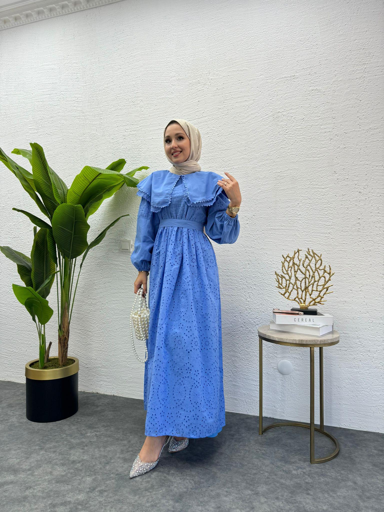 MEYSADESIGN ELBİSELER Bebe yaka Fisto Elbise Mavi