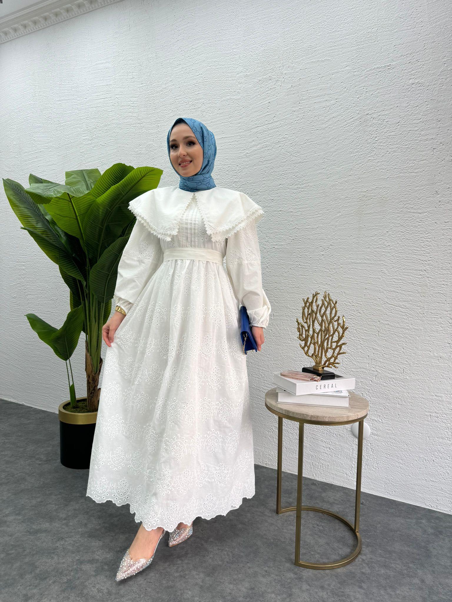 MEYSADESIGN ELBİSELER Bebe yaka Fisto elbise Beyaz