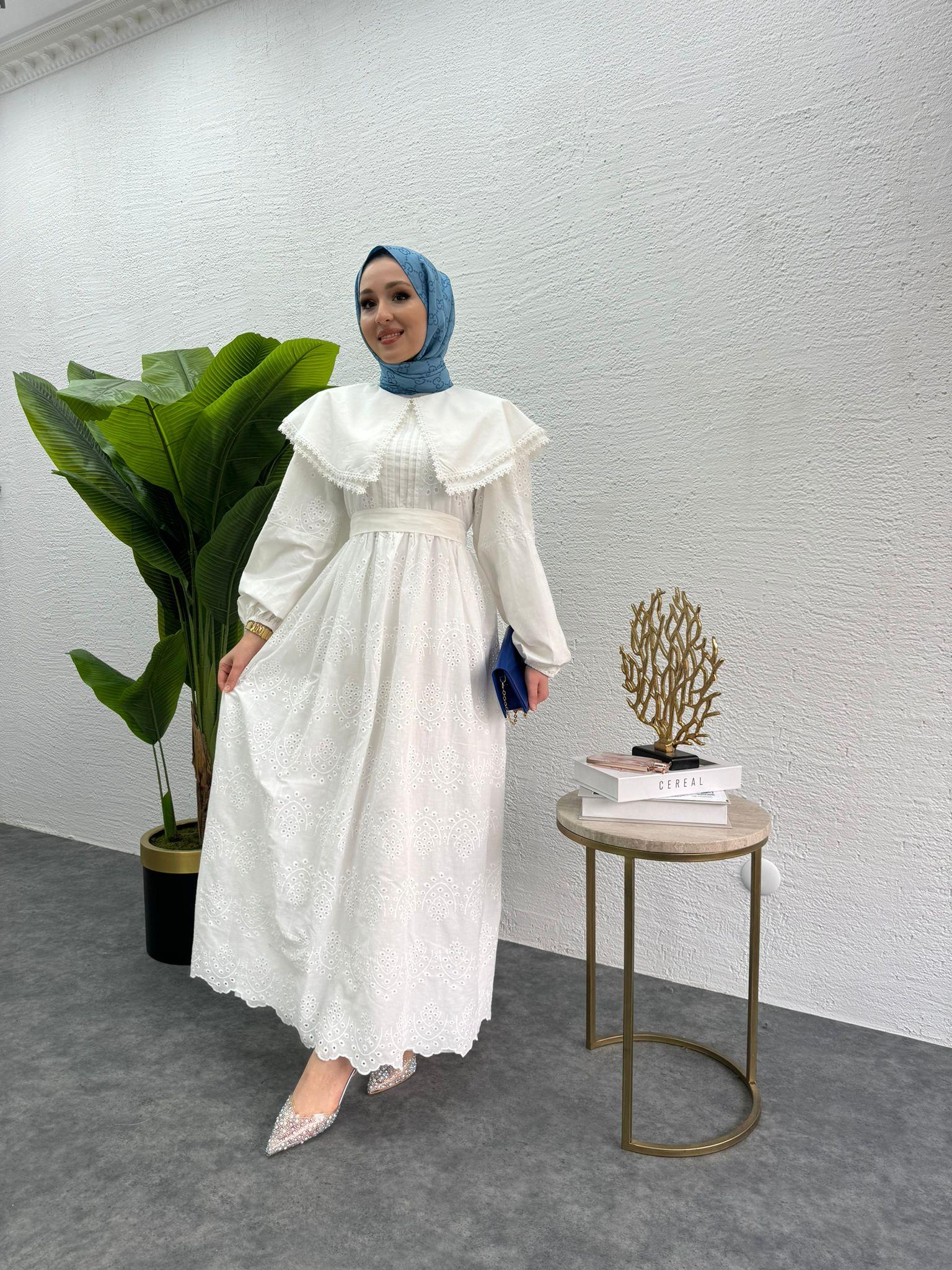MEYSADESIGN ELBİSELER Bebe yaka Fisto elbise Beyaz