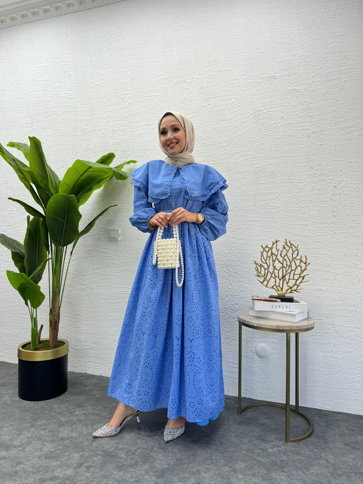 MEYSADESIGN ELBİSELER Bebe yaka Fisto Elbise Mavi