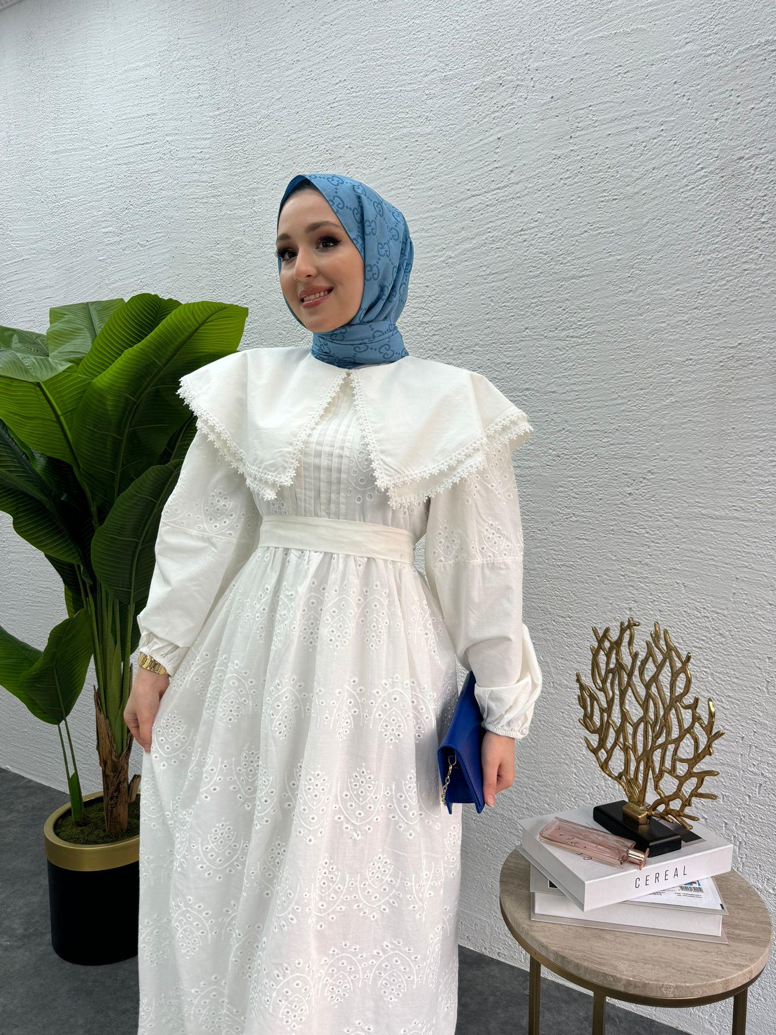 MEYSADESIGN ELBİSELER Bebe yaka Fisto elbise Beyaz