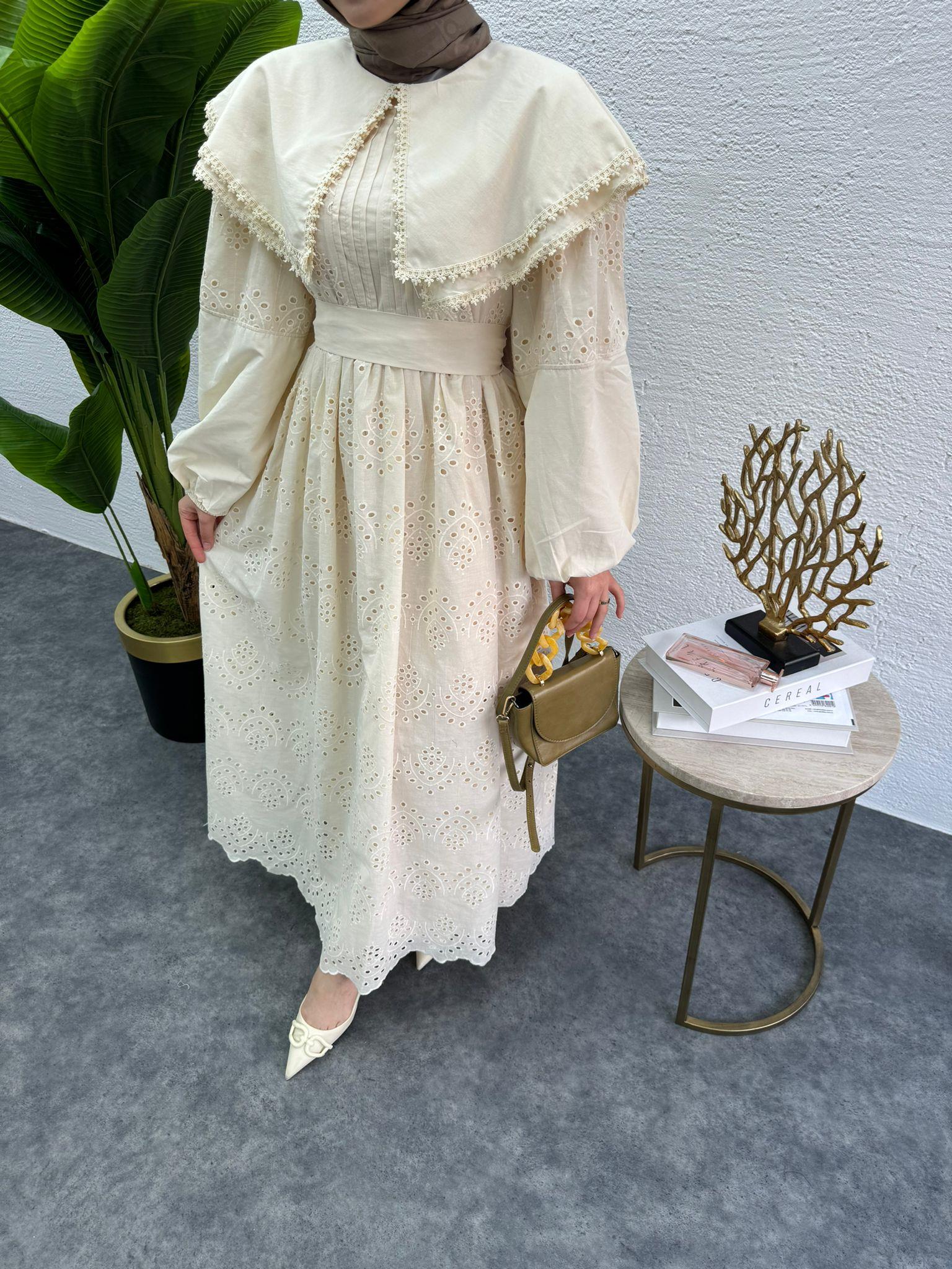 MEYSADESIGN ELBİSELER Bebe yaka Fisto elbise Krem