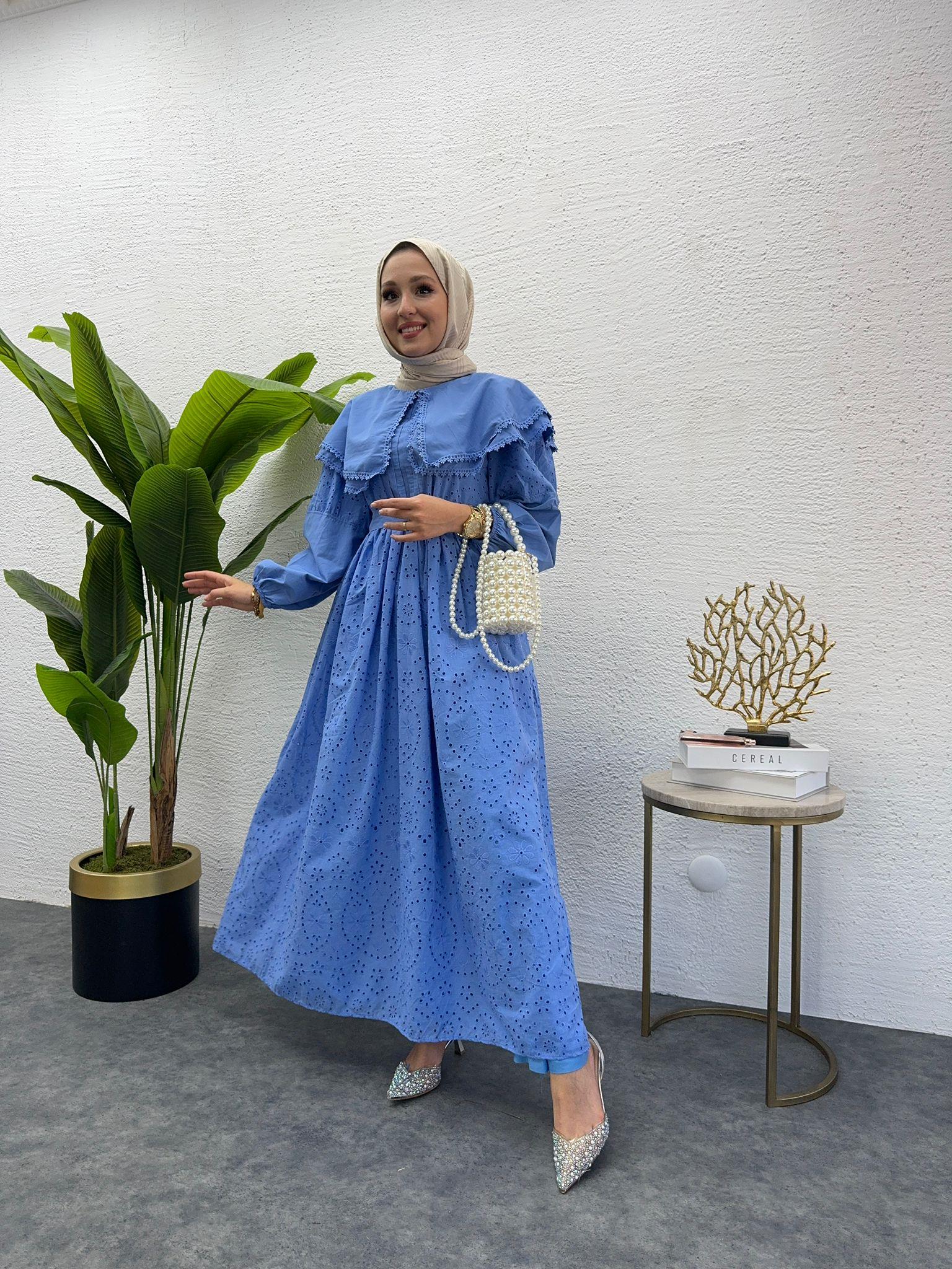MEYSADESIGN ELBİSELER Bebe yaka Fisto Elbise Mavi