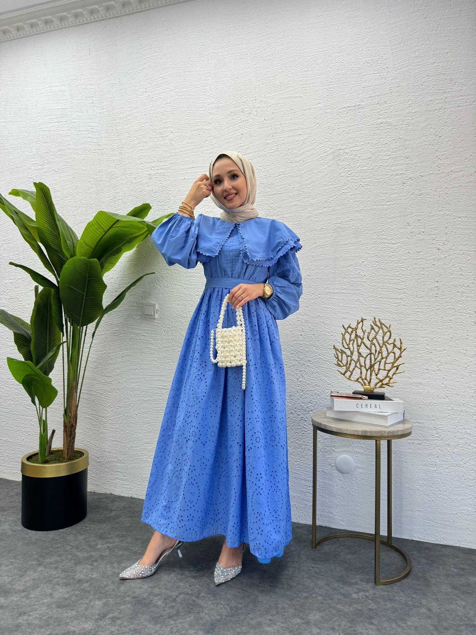 MEYSADESIGN ELBİSELER Bebe yaka Fisto Elbise Mavi