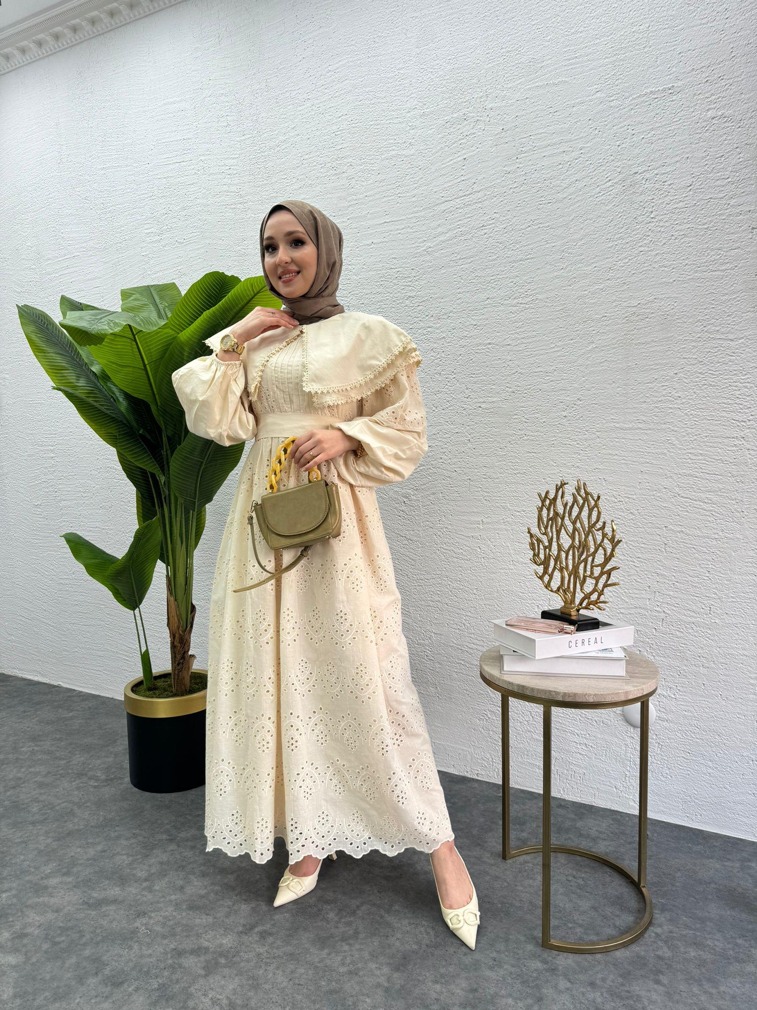MEYSADESIGN ELBİSELER Bebe yaka Fisto elbise Krem