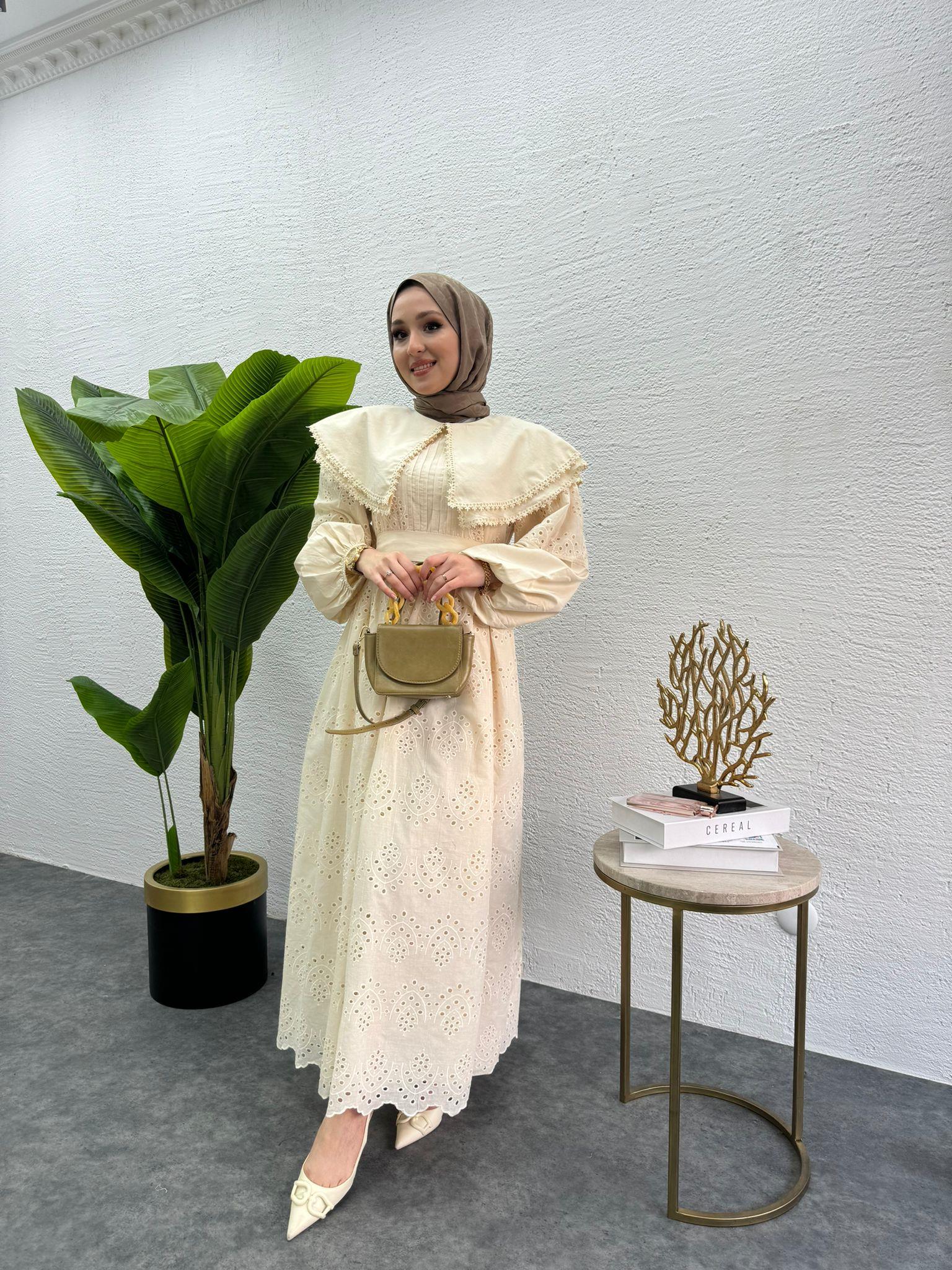 MEYSADESIGN ELBİSELER Bebe yaka Fisto elbise Krem