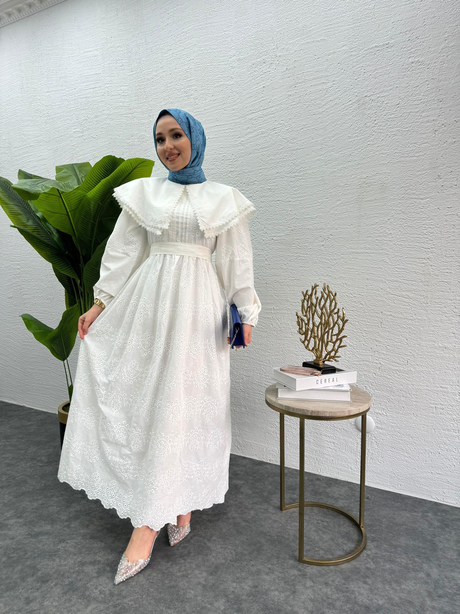 MEYSADESIGN ELBİSELER Bebe yaka Fisto elbise Beyaz