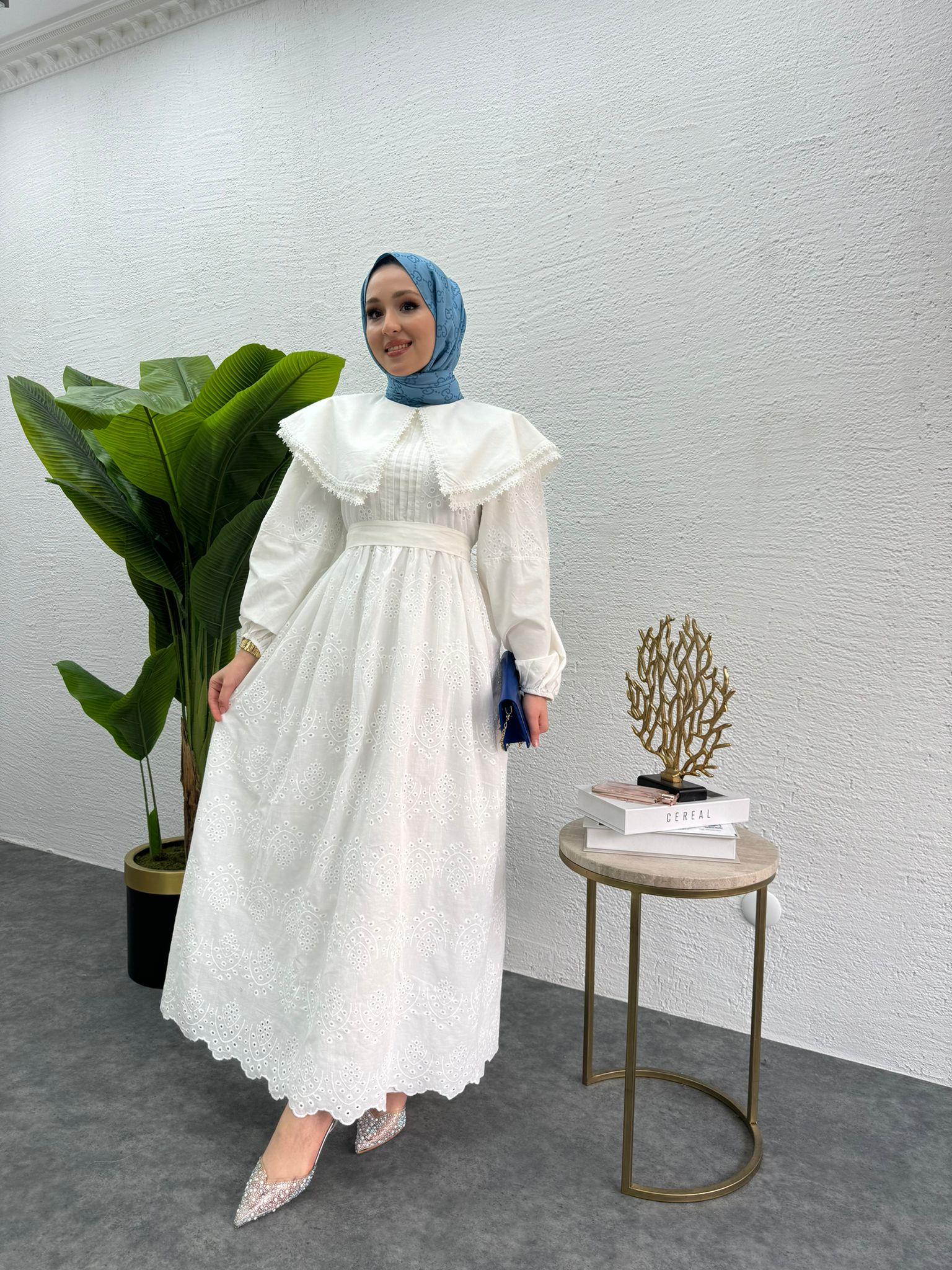 MEYSADESIGN ELBİSELER Bebe yaka Fisto elbise Beyaz