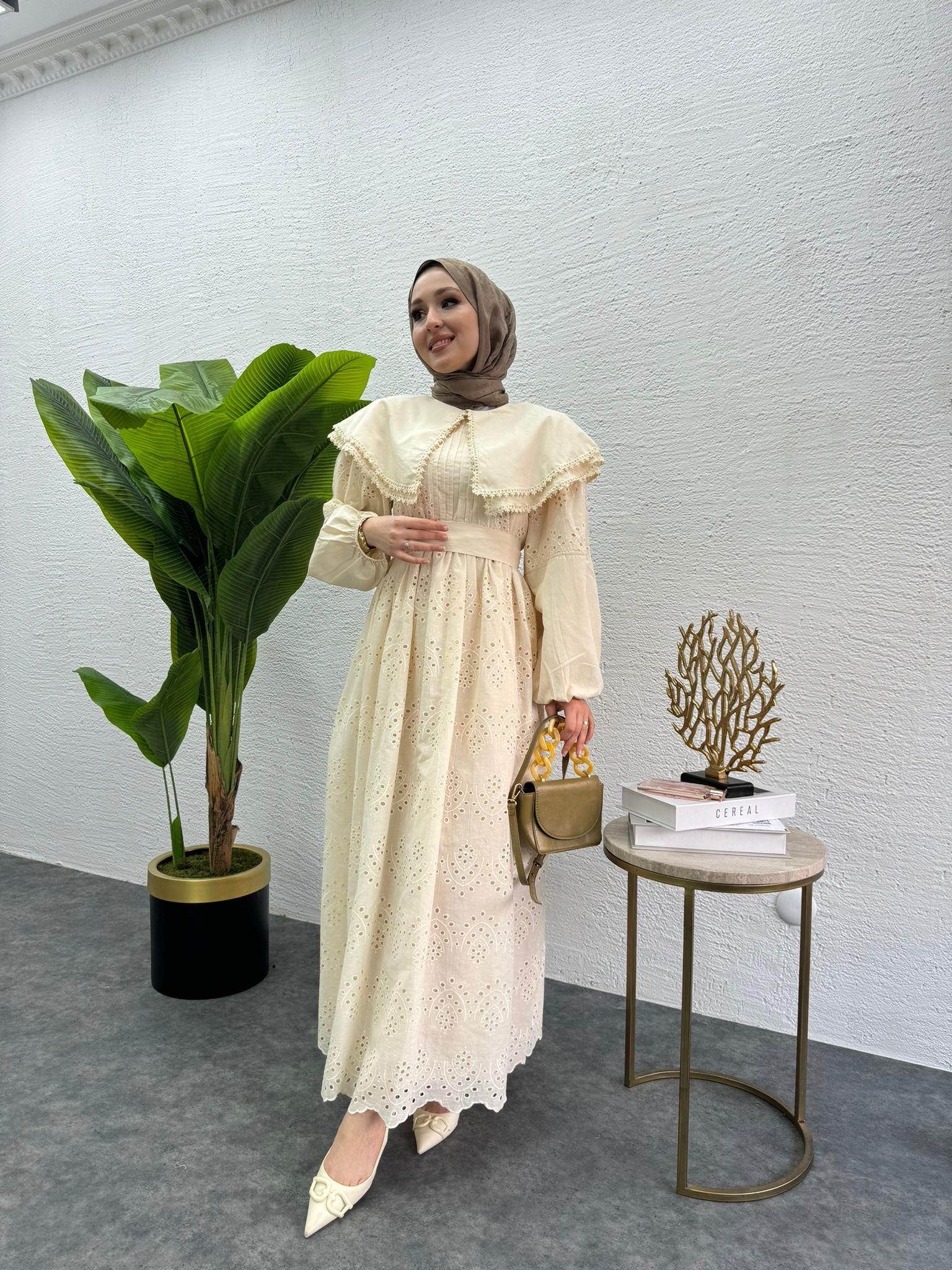 MEYSADESIGN ELBİSELER Bebe yaka Fisto elbise Krem