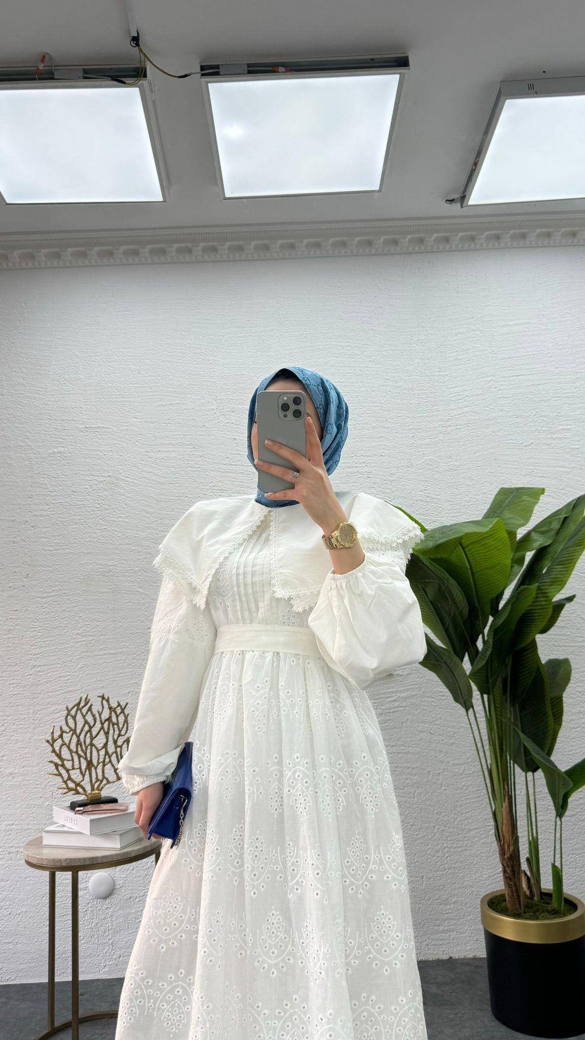 MEYSADESIGN ELBİSELER Bebe yaka Fisto elbise Beyaz