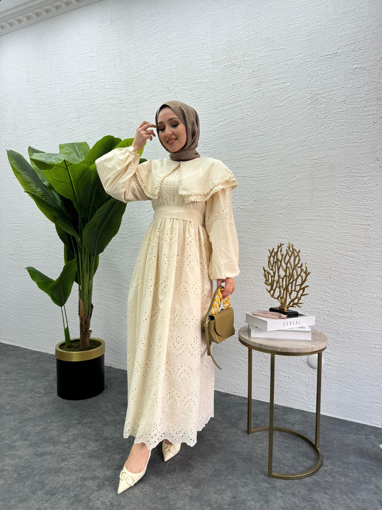 MEYSADESIGN ELBİSELER Bebe yaka Fisto elbise Krem