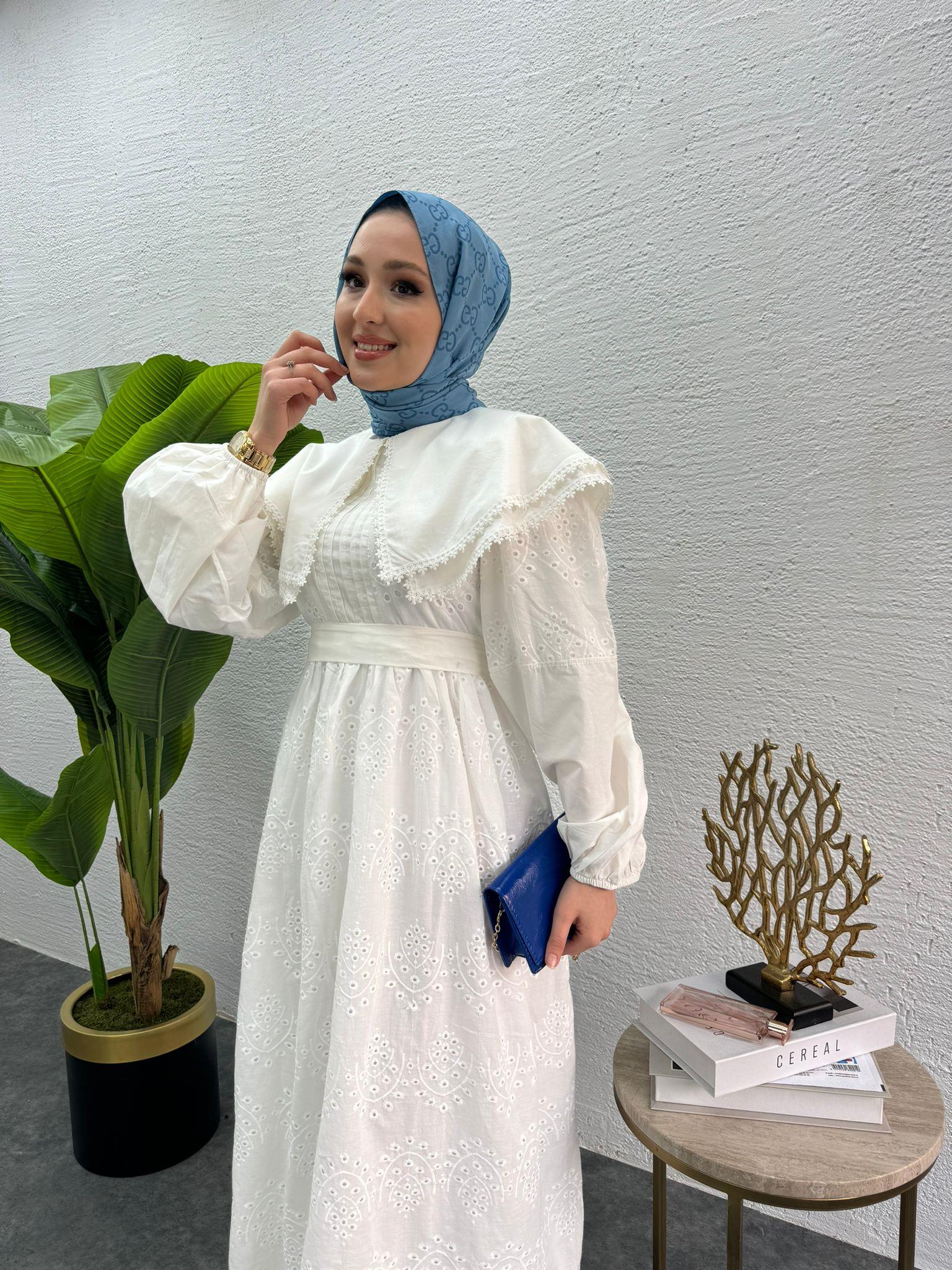 MEYSADESIGN ELBİSELER Bebe yaka Fisto elbise Beyaz