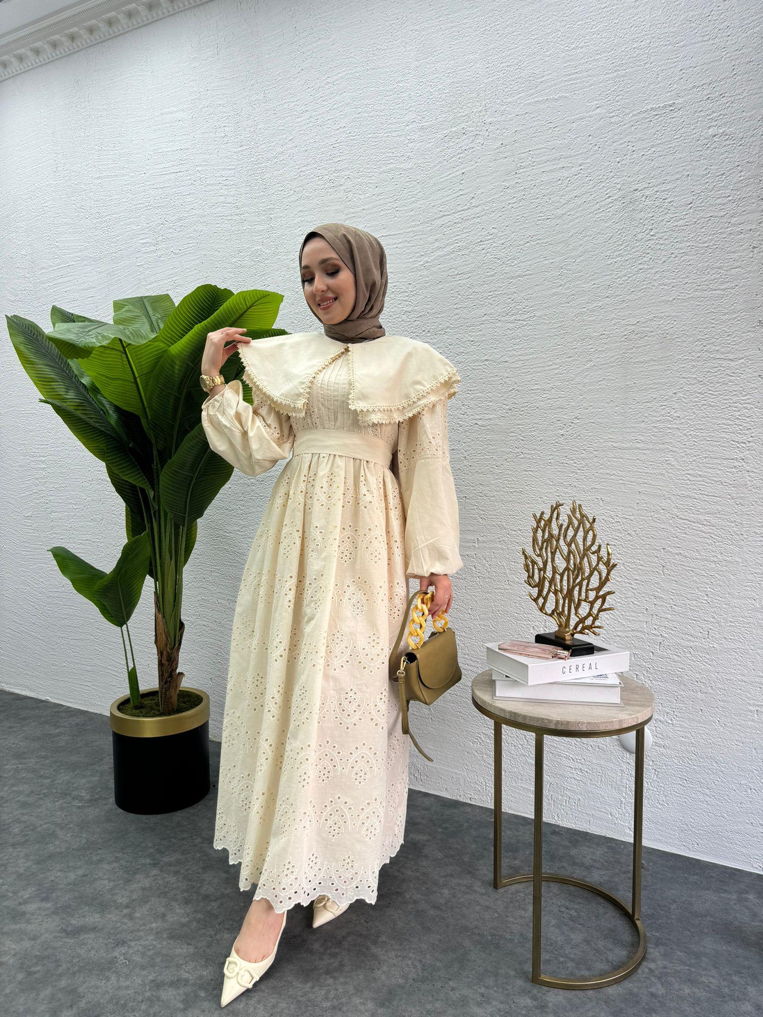 MEYSADESIGN ELBİSELER Bebe yaka Fisto elbise Krem