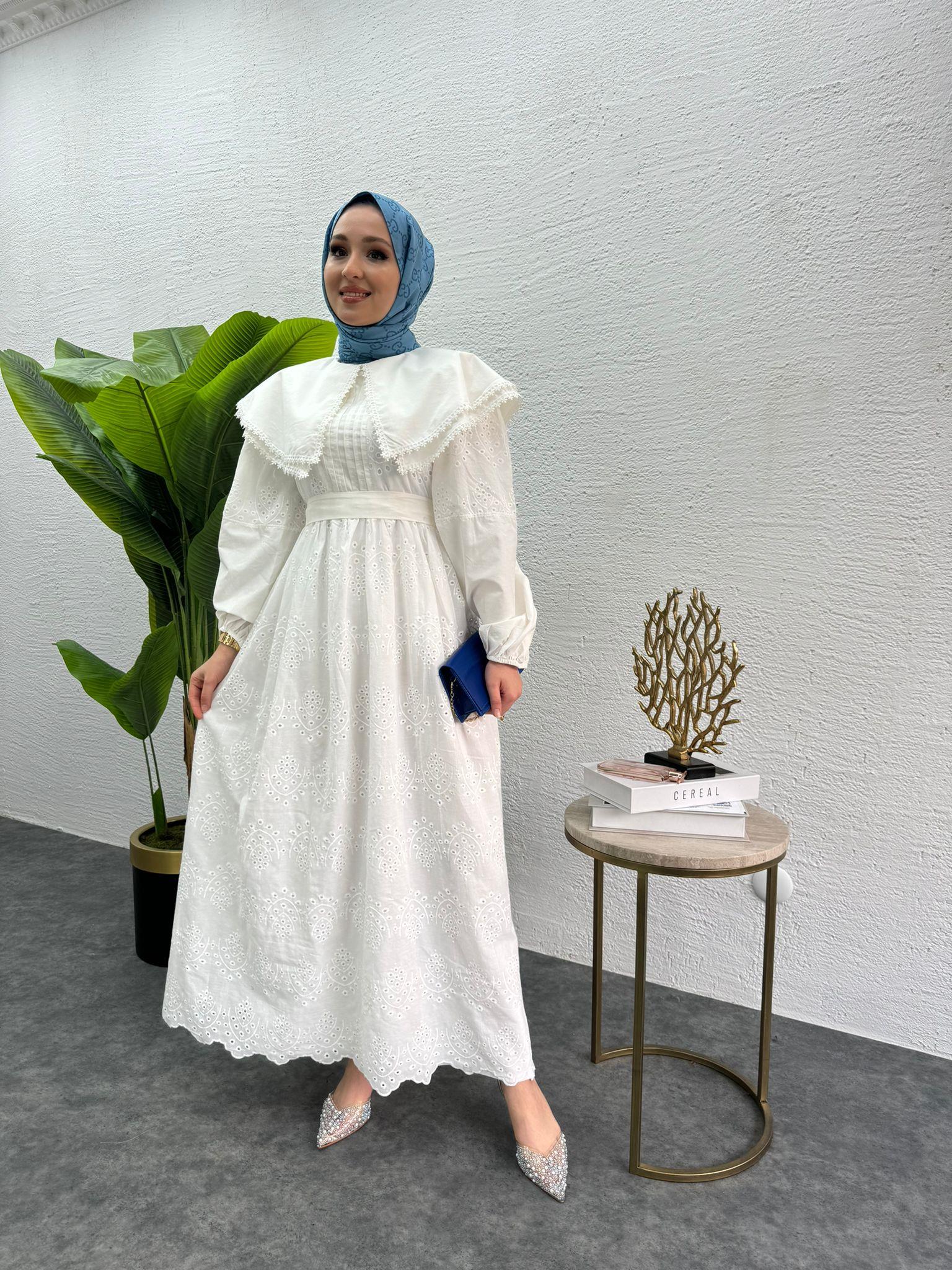 MEYSADESIGN ELBİSELER Bebe yaka Fisto elbise Beyaz
