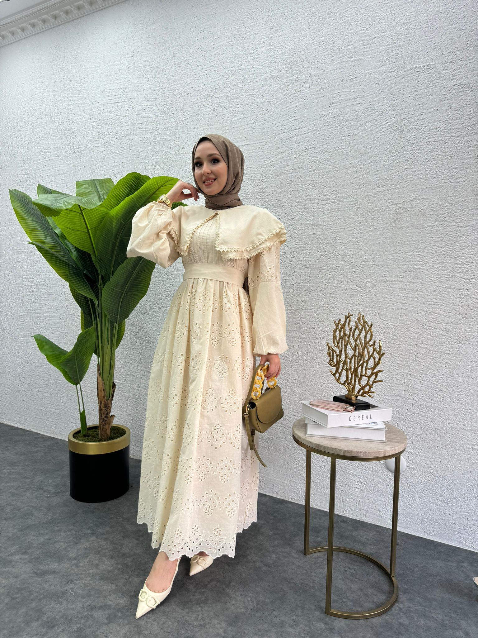 MEYSADESIGN ELBİSELER Bebe yaka Fisto elbise Krem