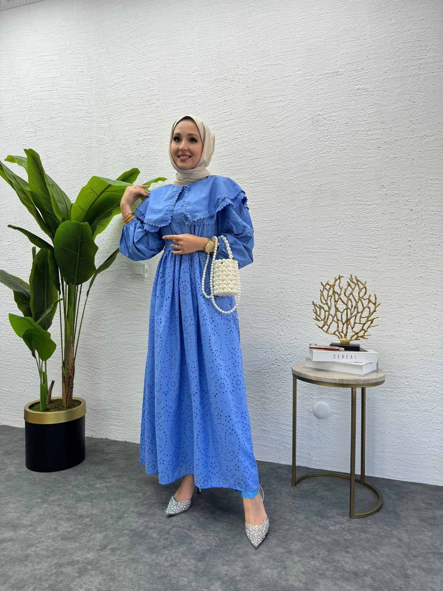 MEYSADESIGN ELBİSELER Bebe yaka Fisto Elbise Mavi