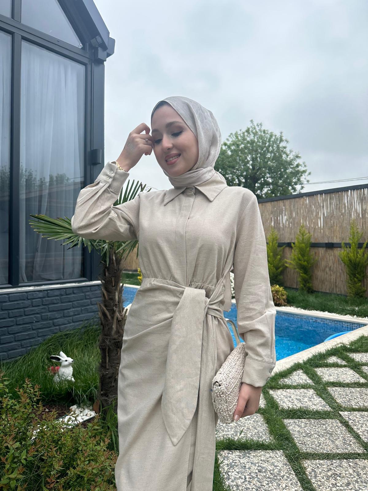 MEYSADESIGN ELBİSELER Bel Bağlama Keten Elbise Bej