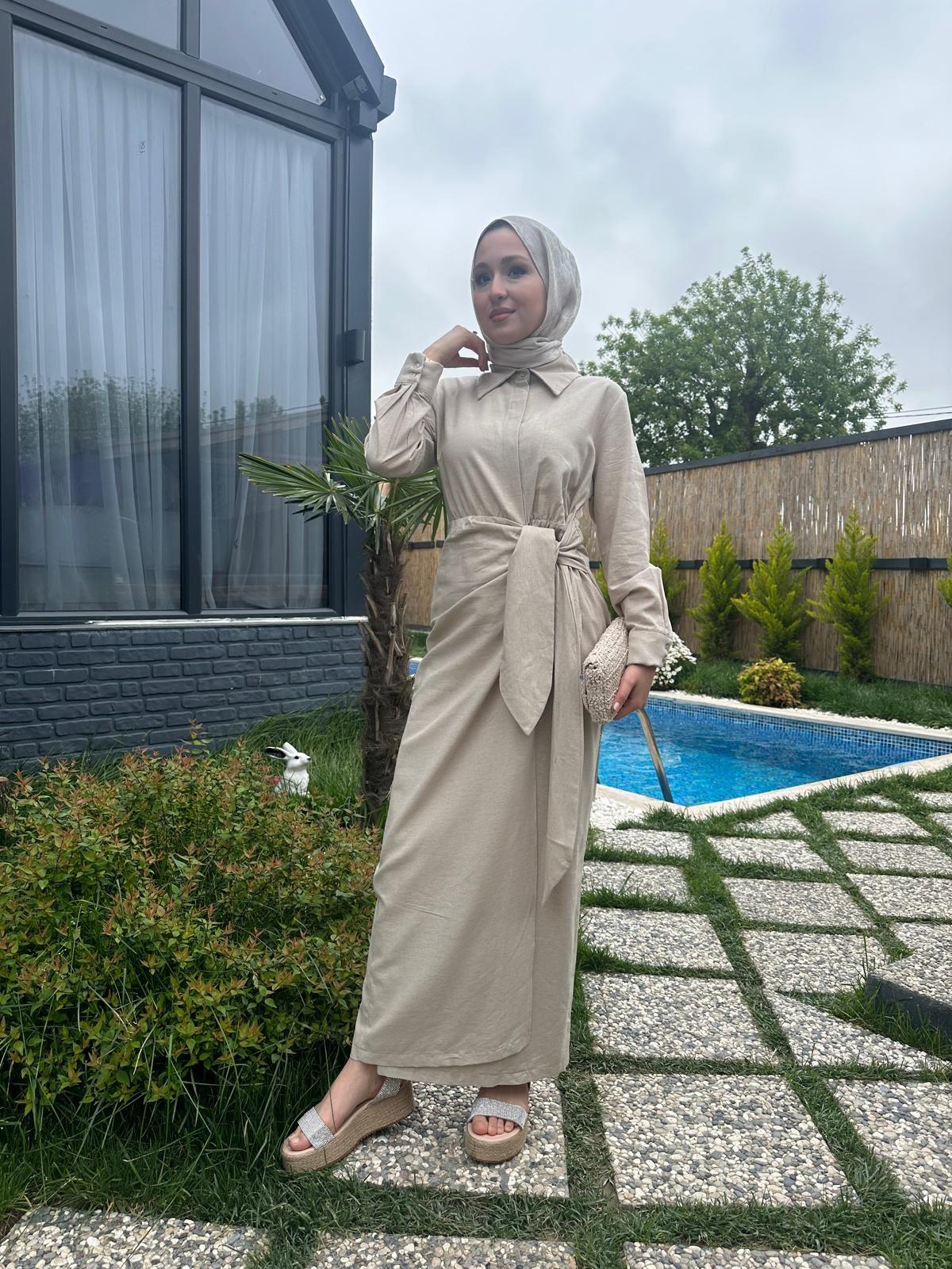 MEYSADESIGN ELBİSELER Bel Bağlama Keten Elbise Bej