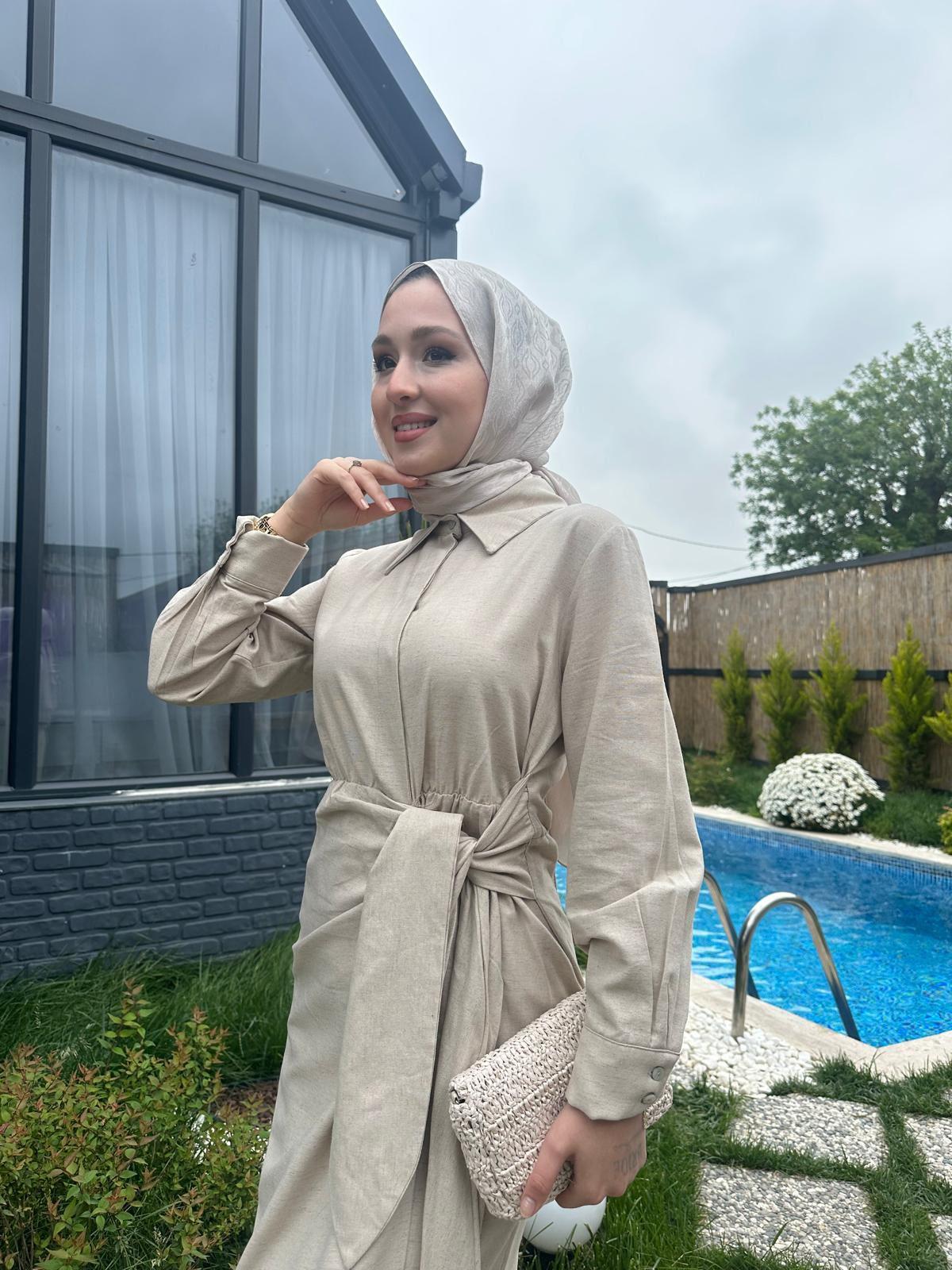 MEYSADESIGN ELBİSELER Bel Bağlama Keten Elbise Bej