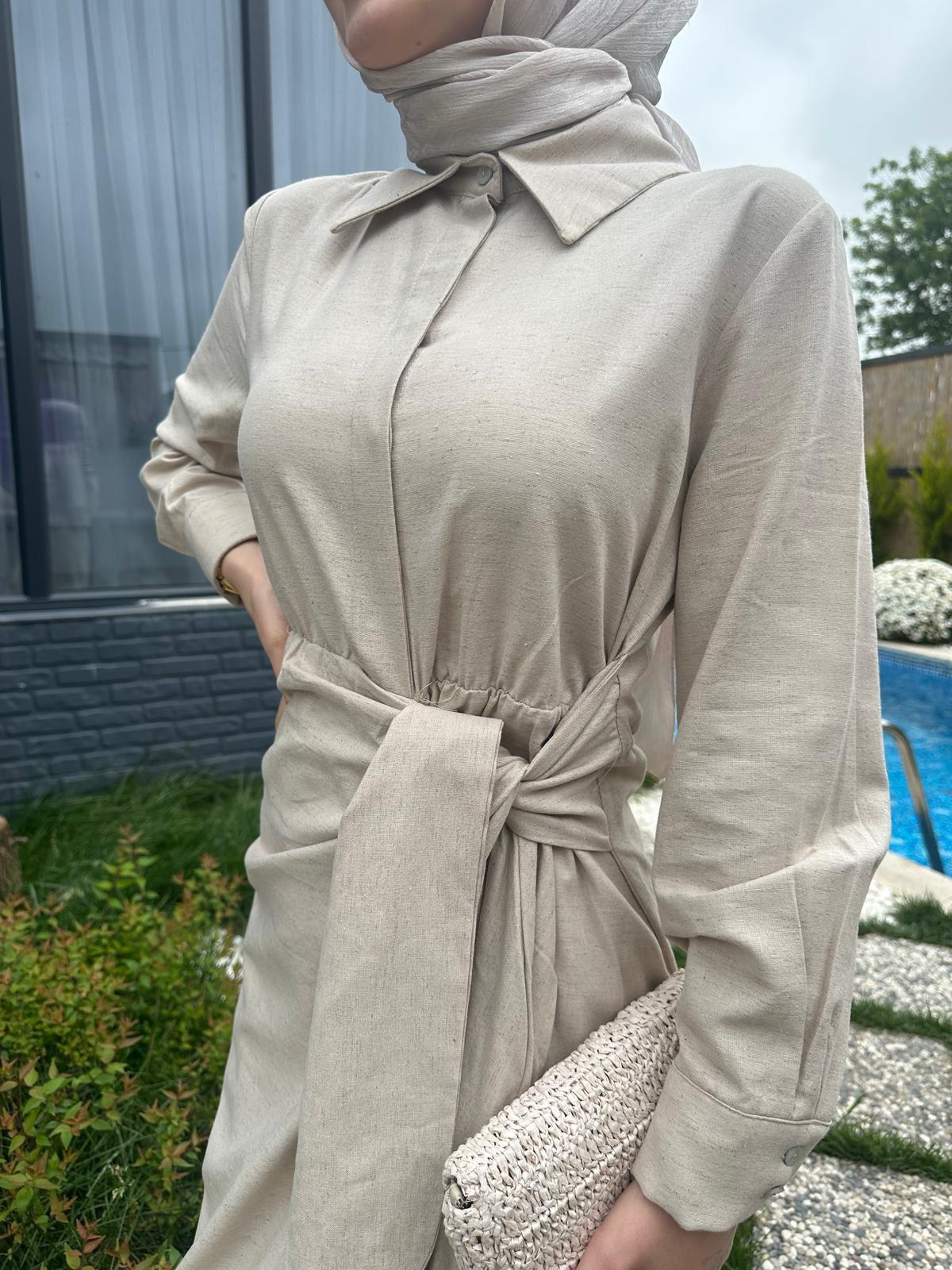 MEYSADESIGN ELBİSELER Bel Bağlama Keten Elbise Bej