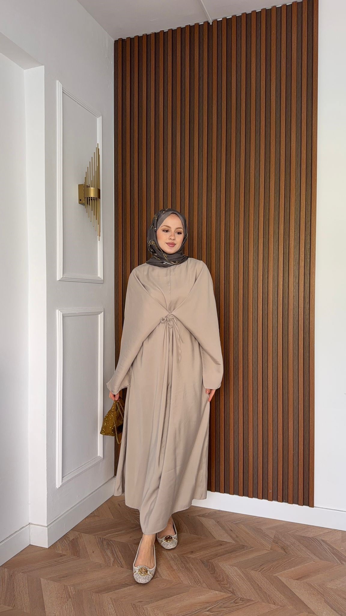 MEYSADESIGN ELBİSELER Beli Bağlamalı Tensel Elbise Bej