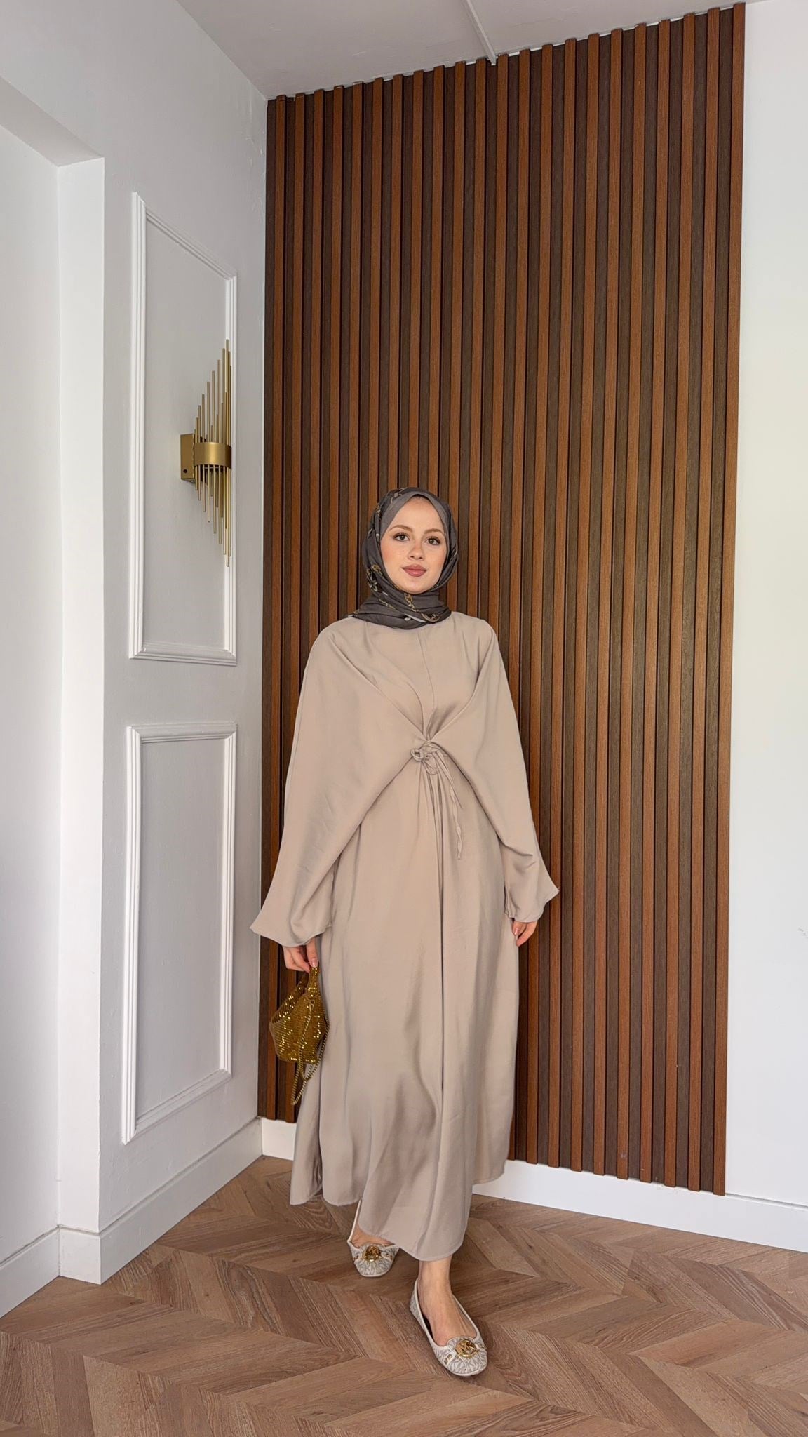 MEYSADESIGN ELBİSELER Beli Bağlamalı Tensel Elbise Bej