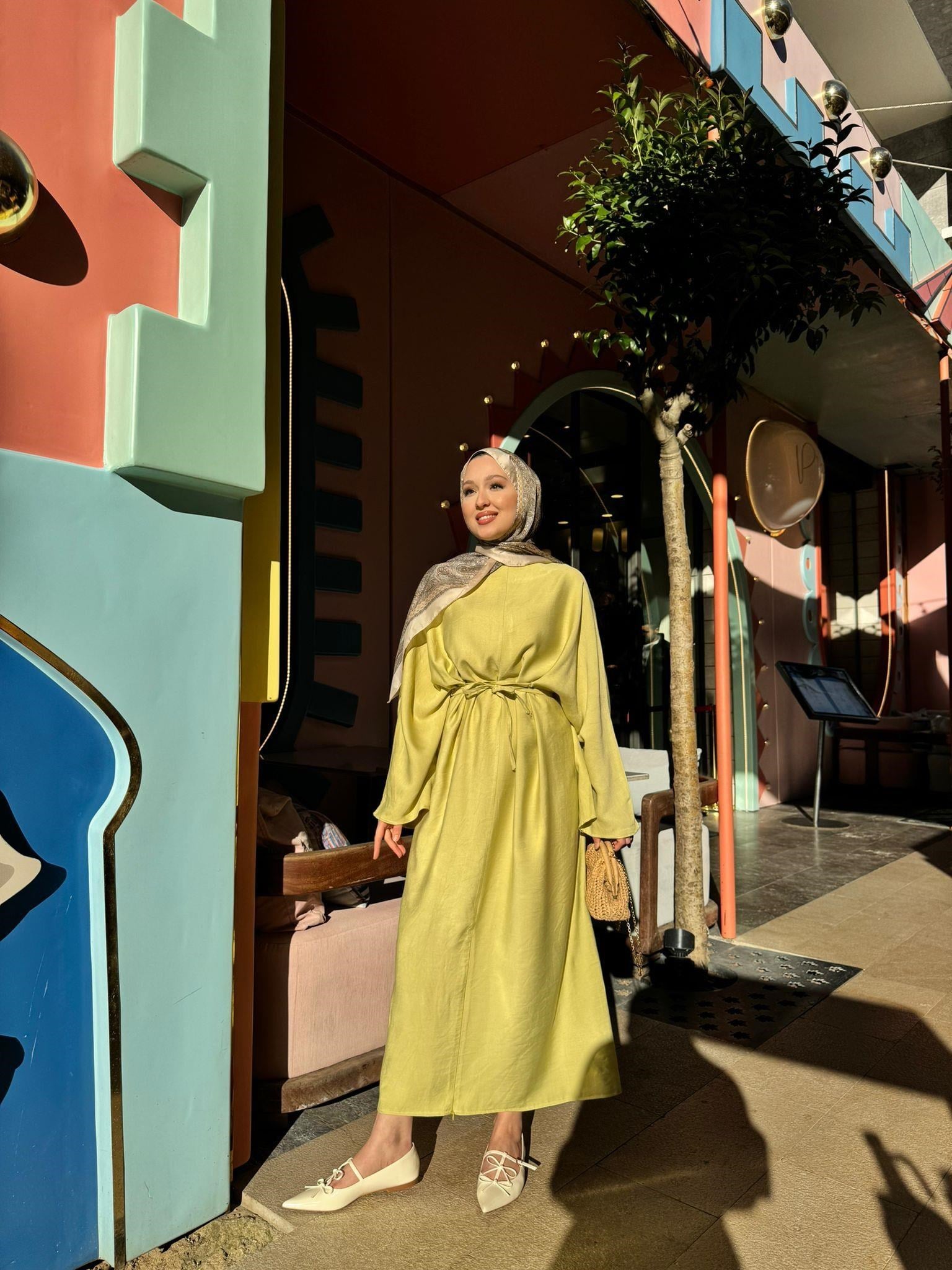 MEYSADESIGN ELBİSELER Beli Bağlamalı Tensel Elbise Yag Yeşili