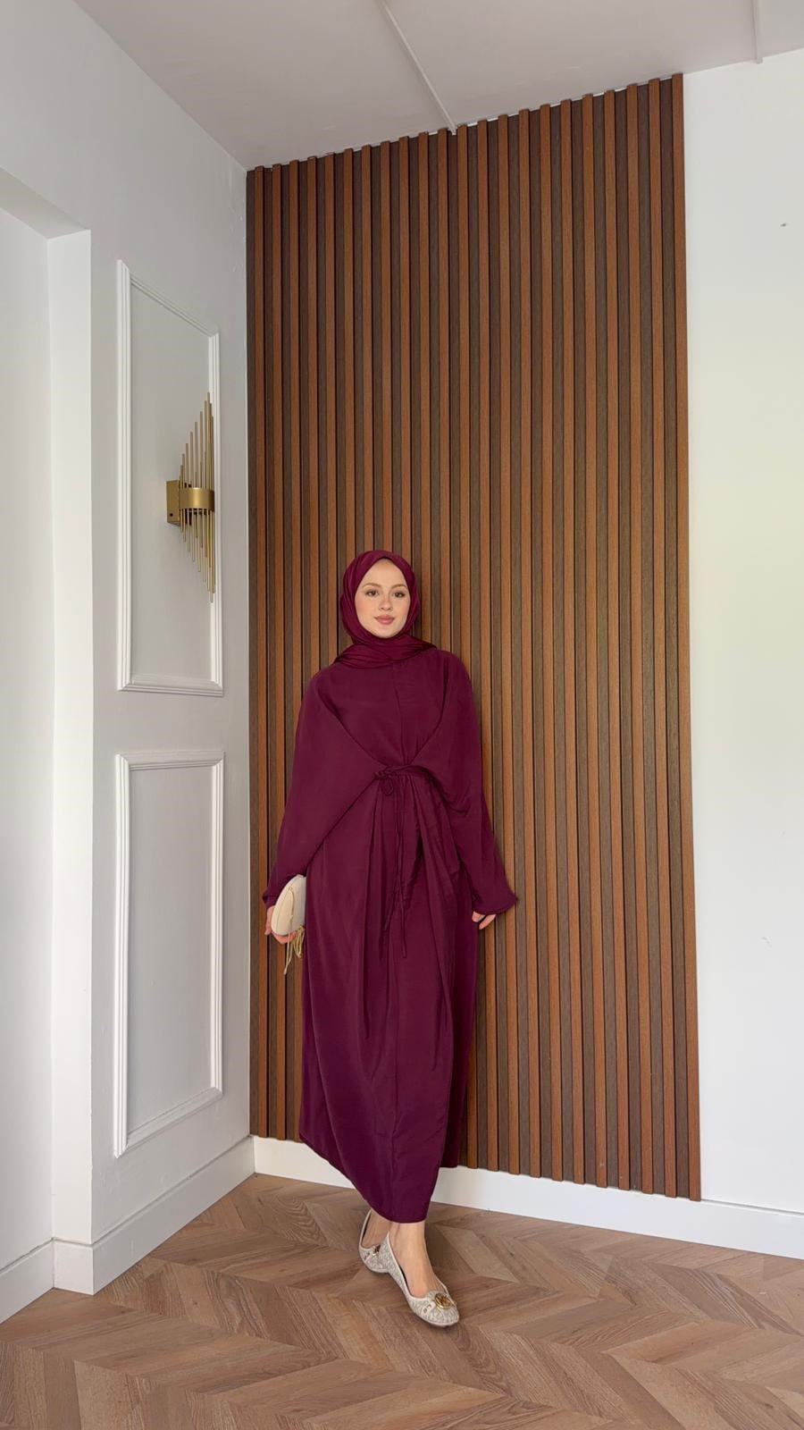 MEYSADESIGN ELBİSELER Beli Bağlamalı Tensel Elbise Bordo