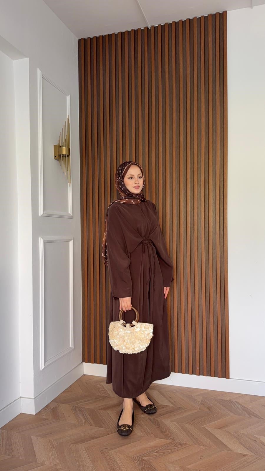 MEYSADESIGN ELBİSELER Beli Bağlamalı Tensel Elbise Acı Kahve