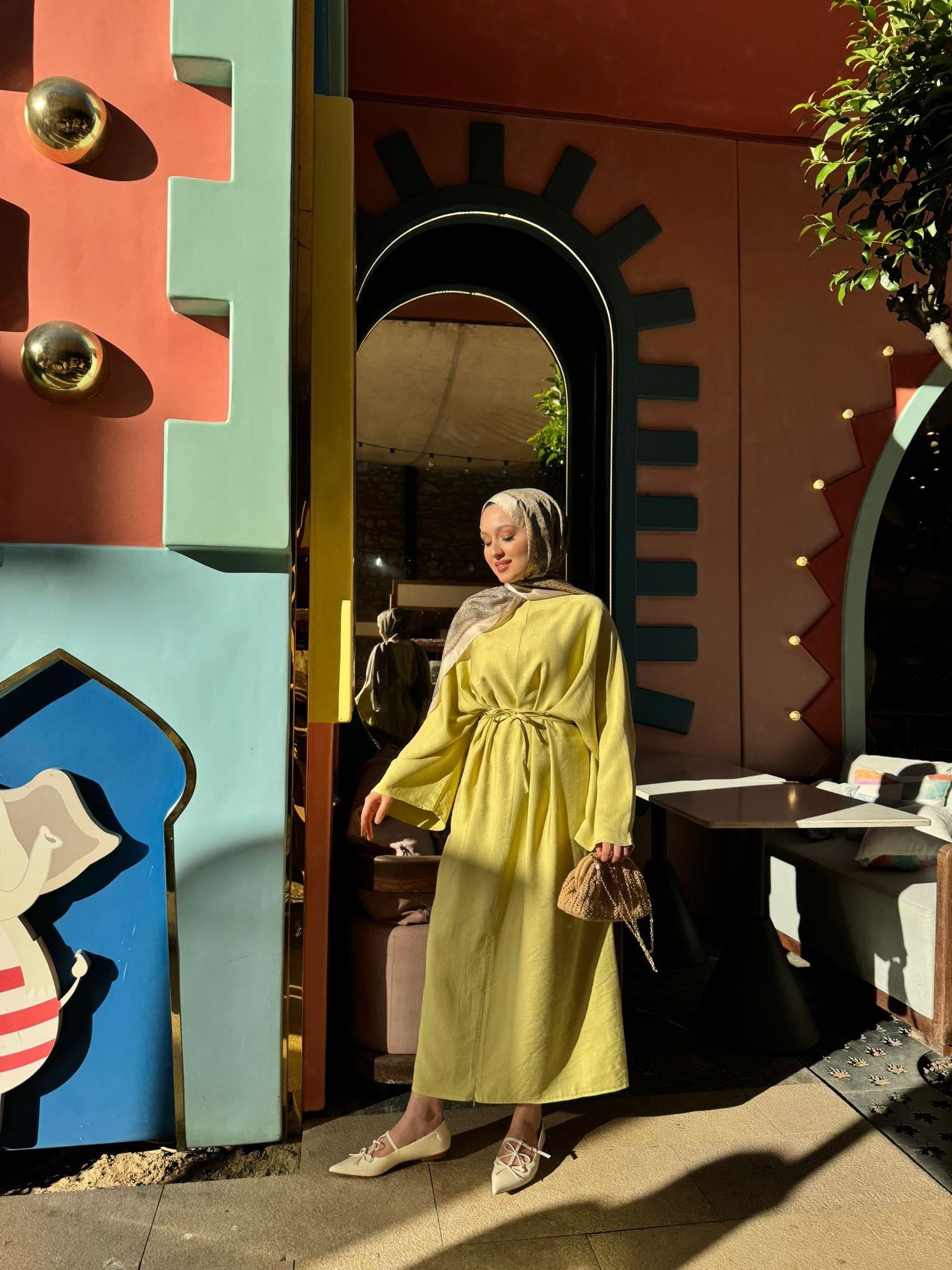 MEYSADESIGN ELBİSELER Beli Bağlamalı Tensel Elbise Yag Yeşili