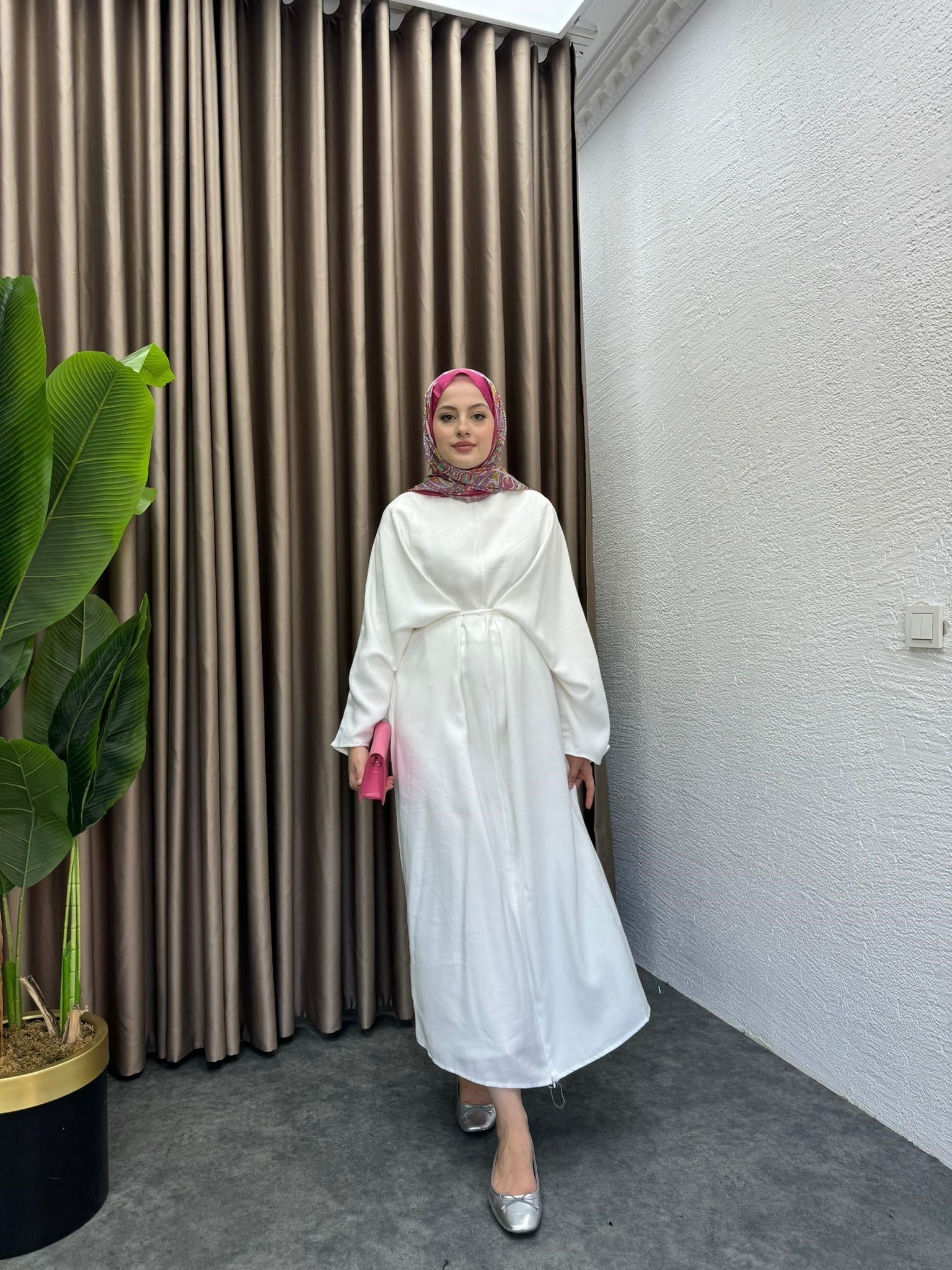 MEYSADESIGN ELBİSELER Beli Bağlamalı Tensel Elbise Beyaz