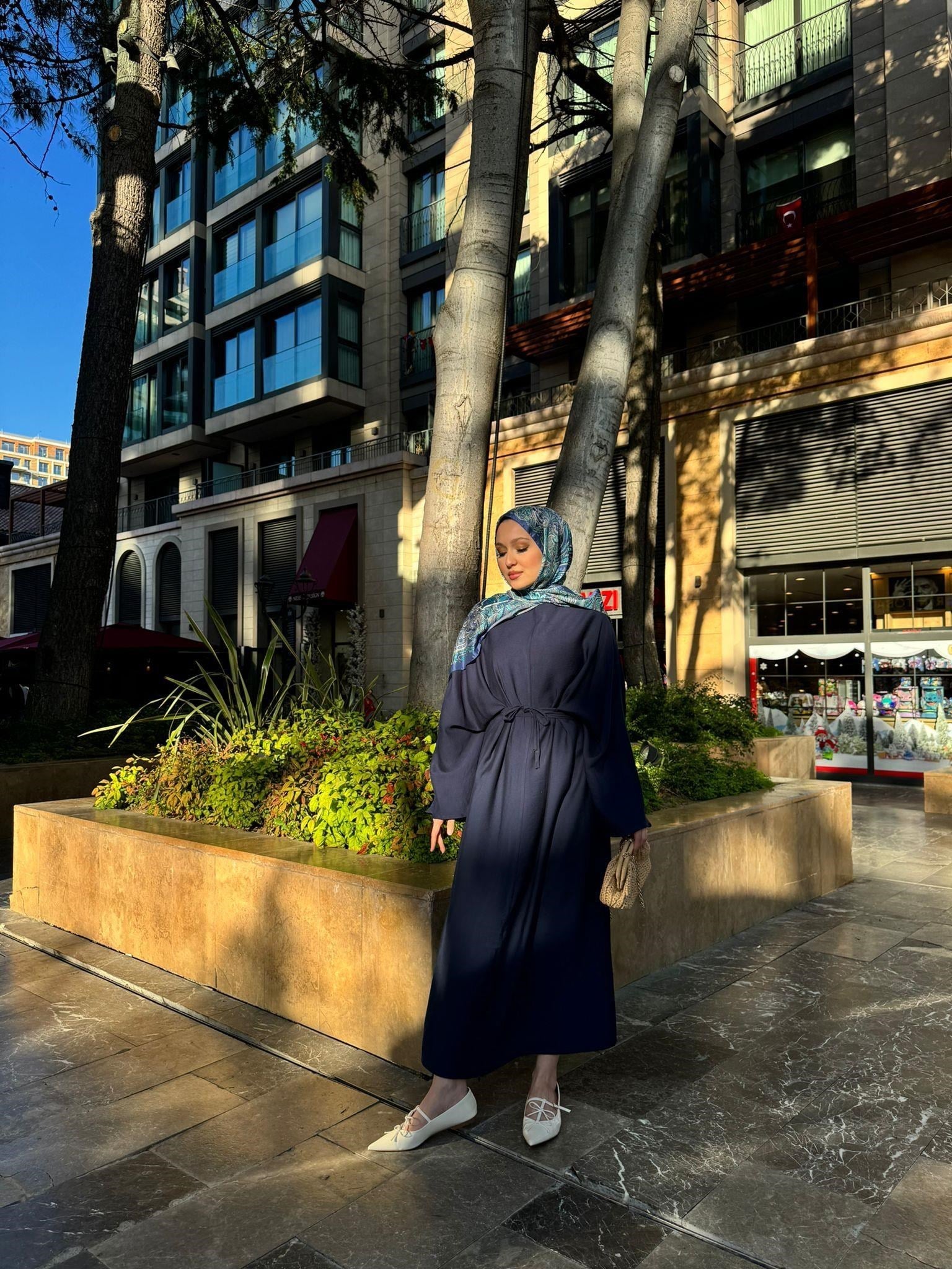 MEYSADESIGN ELBİSELER Beli Bağlamalı Tensel Elbise Lacivert