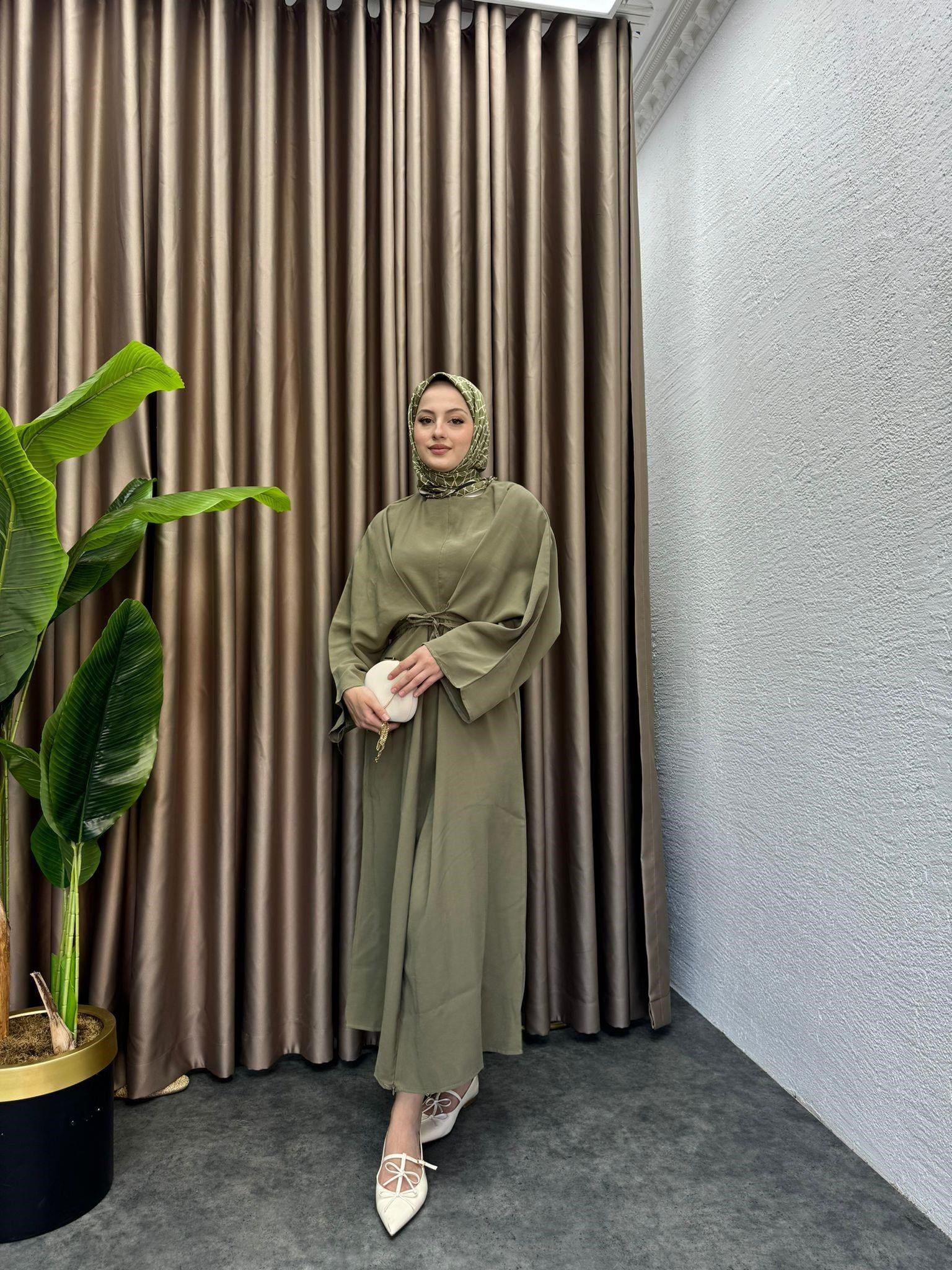 MEYSADESIGN ELBİSELER Beli Bağlamalı Tensel Elbise Haki