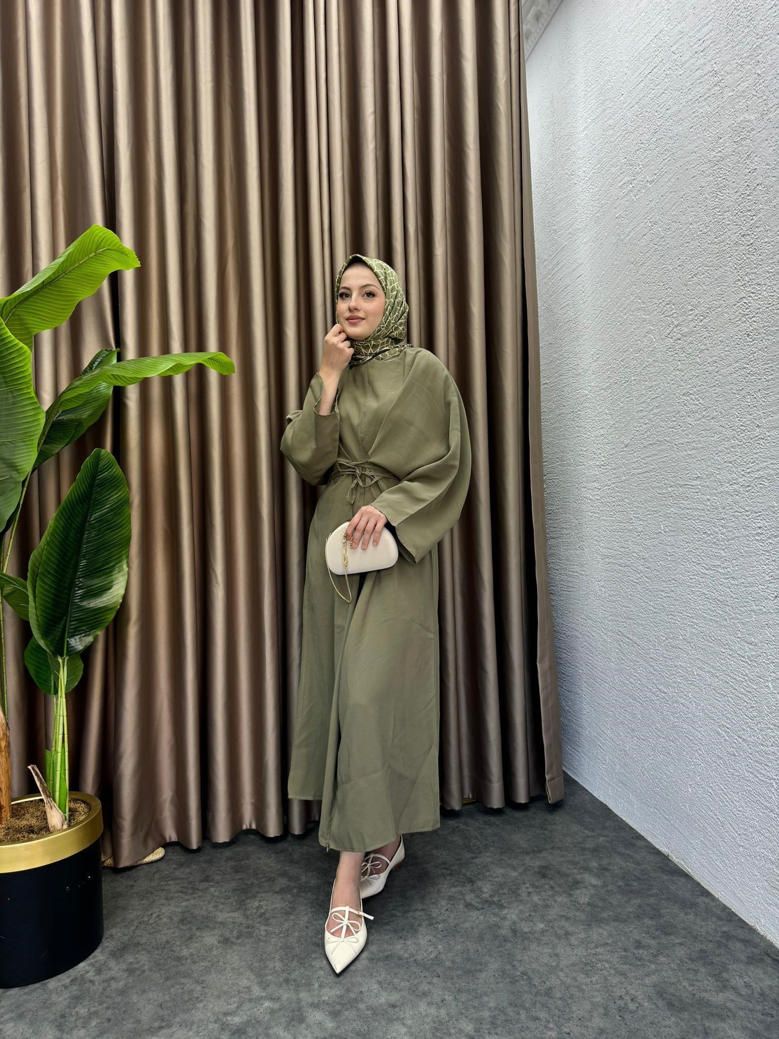 MEYSADESIGN ELBİSELER Beli Bağlamalı Tensel Elbise Haki