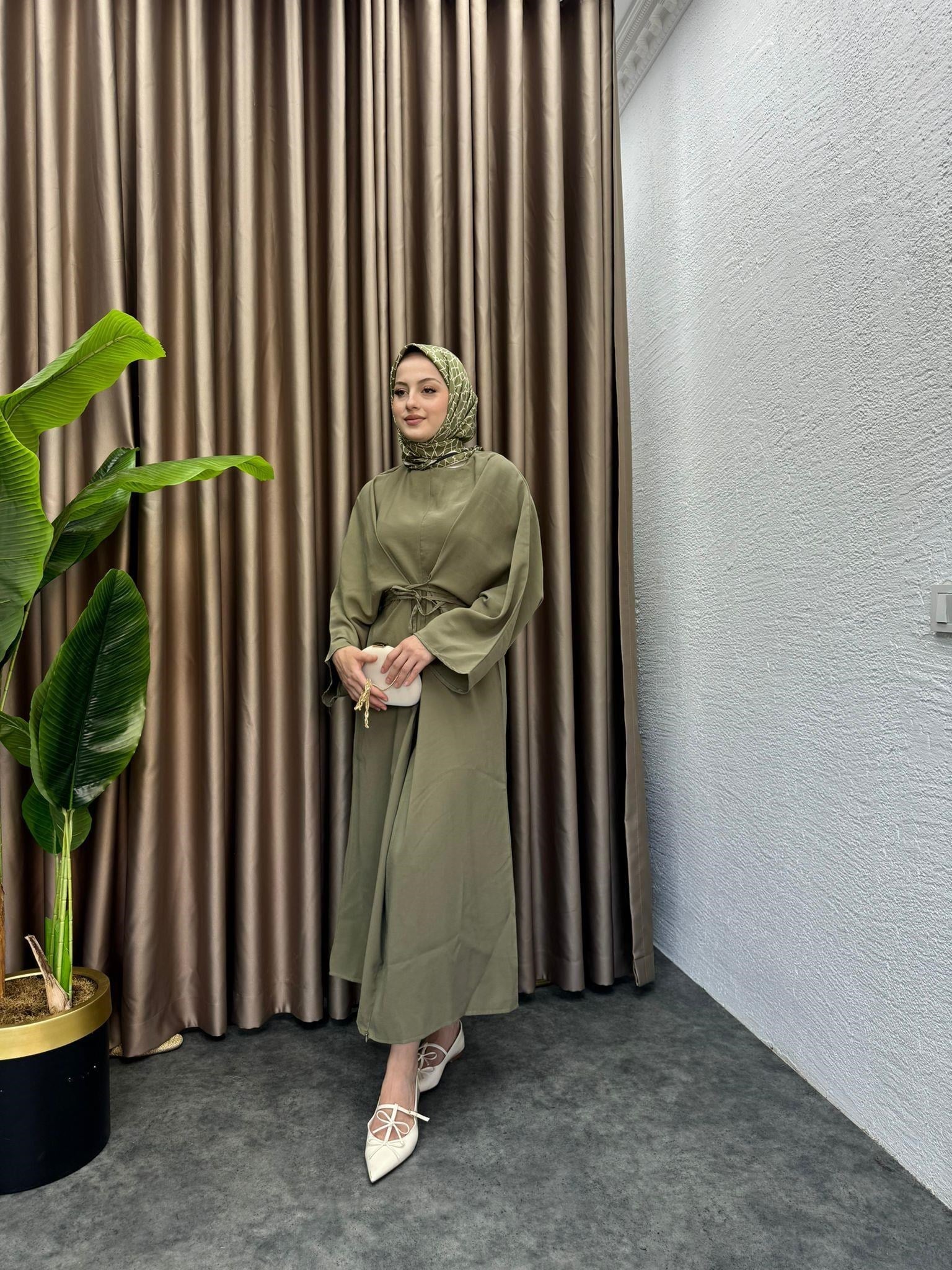 MEYSADESIGN ELBİSELER Beli Bağlamalı Tensel Elbise Haki