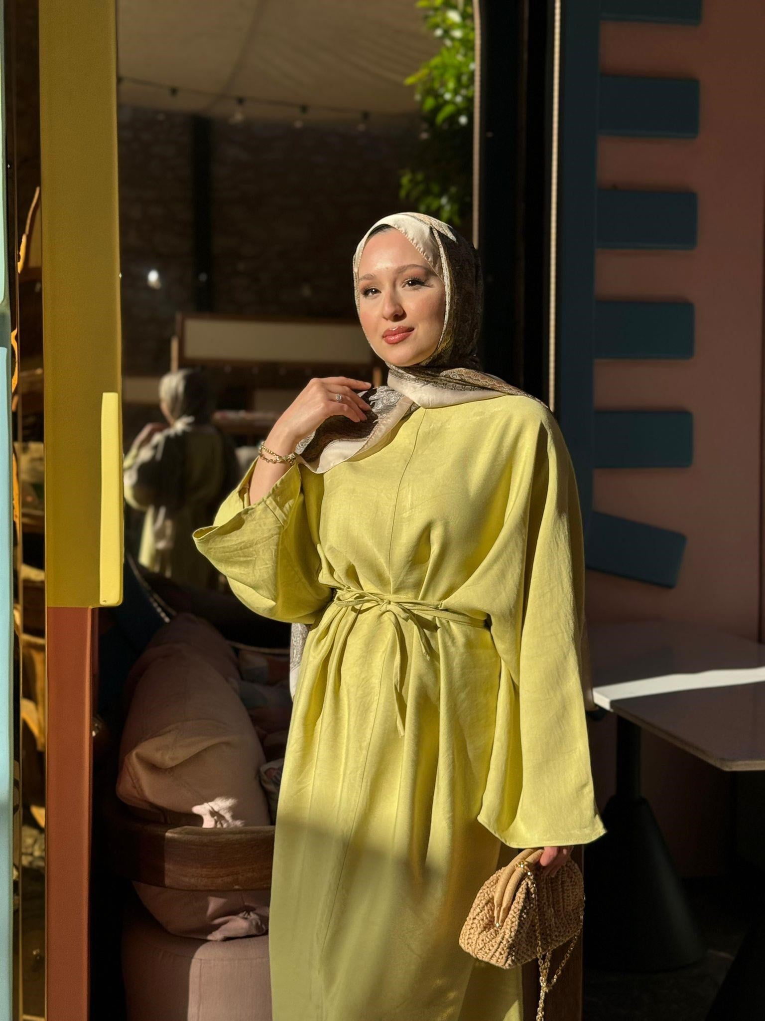 MEYSADESIGN ELBİSELER Beli Bağlamalı Tensel Elbise Yag Yeşili