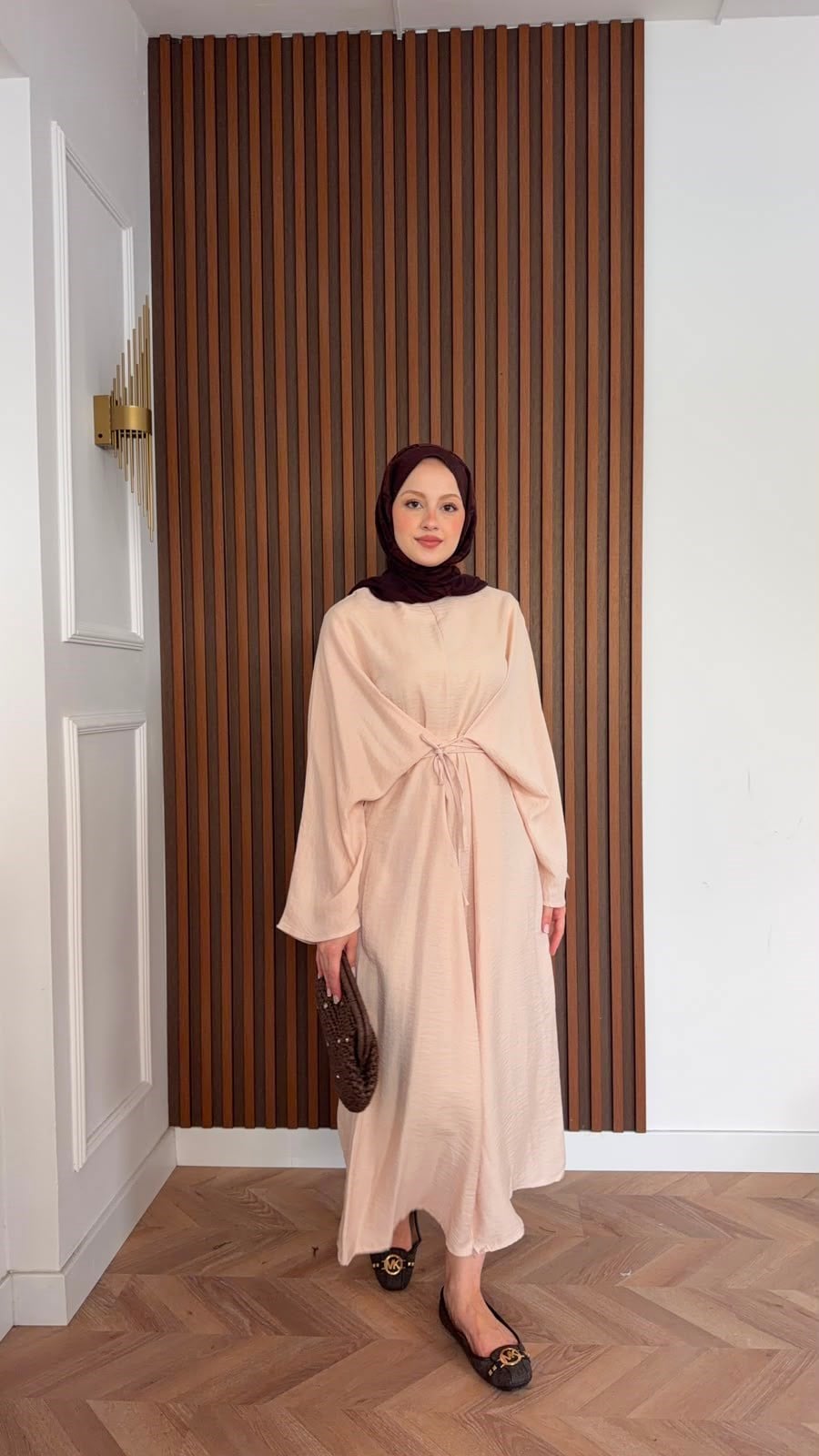 MEYSADESIGN ELBİSELER Beli Bağlamalı Tensel Elbise Pudra