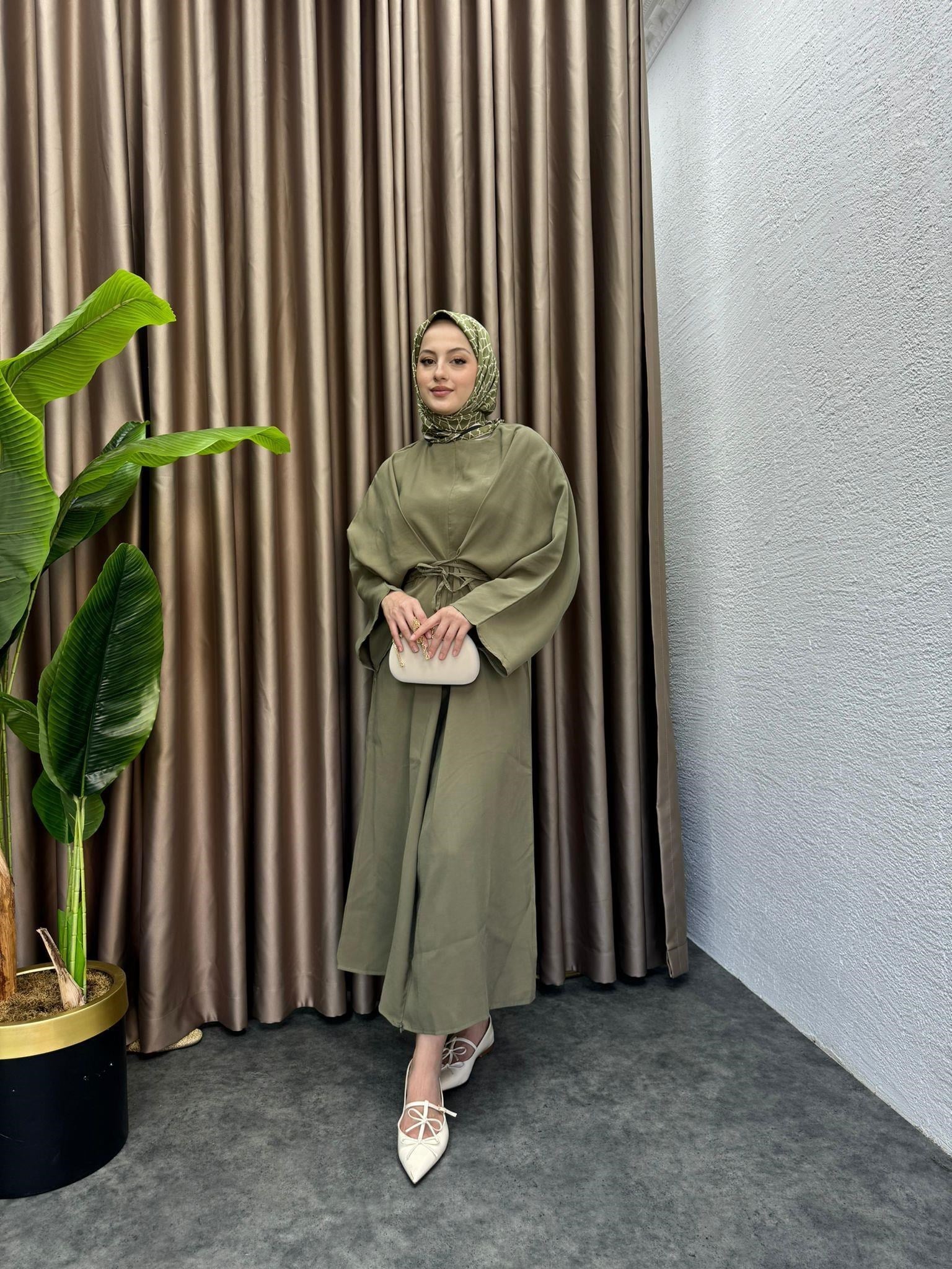 MEYSADESIGN ELBİSELER Beli Bağlamalı Tensel Elbise Haki