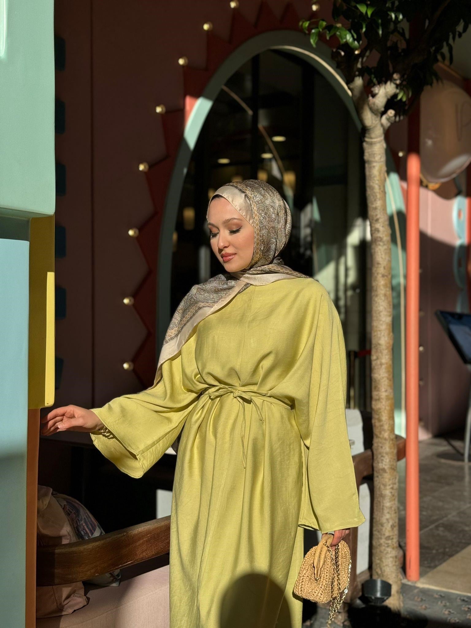 MEYSADESIGN ELBİSELER Beli Bağlamalı Tensel Elbise Yag Yeşili