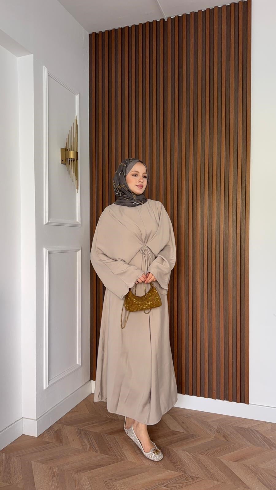 MEYSADESIGN ELBİSELER Beli Bağlamalı Tensel Elbise Bej