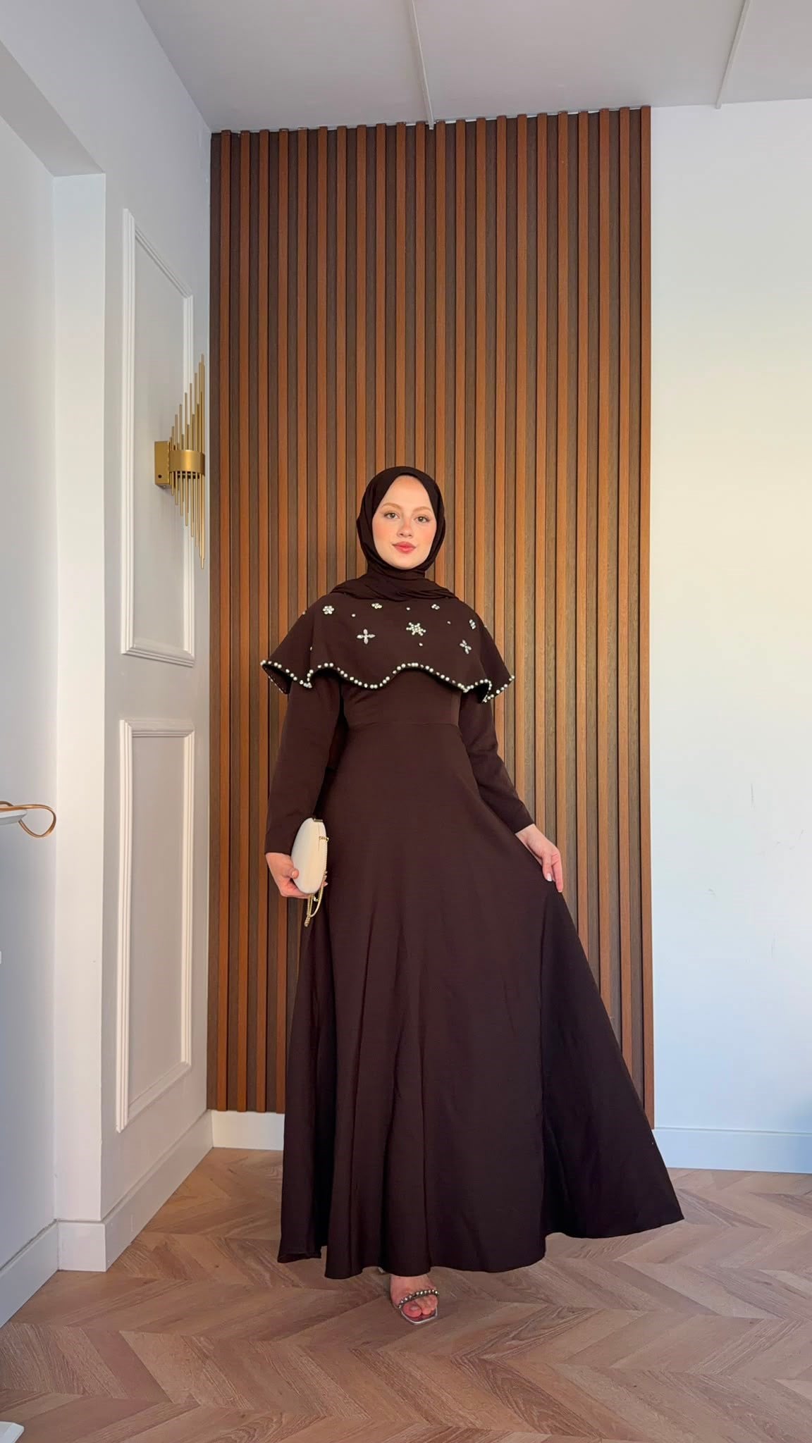 MEYSADESIGN ELBİSELER Blue Taşlı Yakalı Abiye Acı Kahve