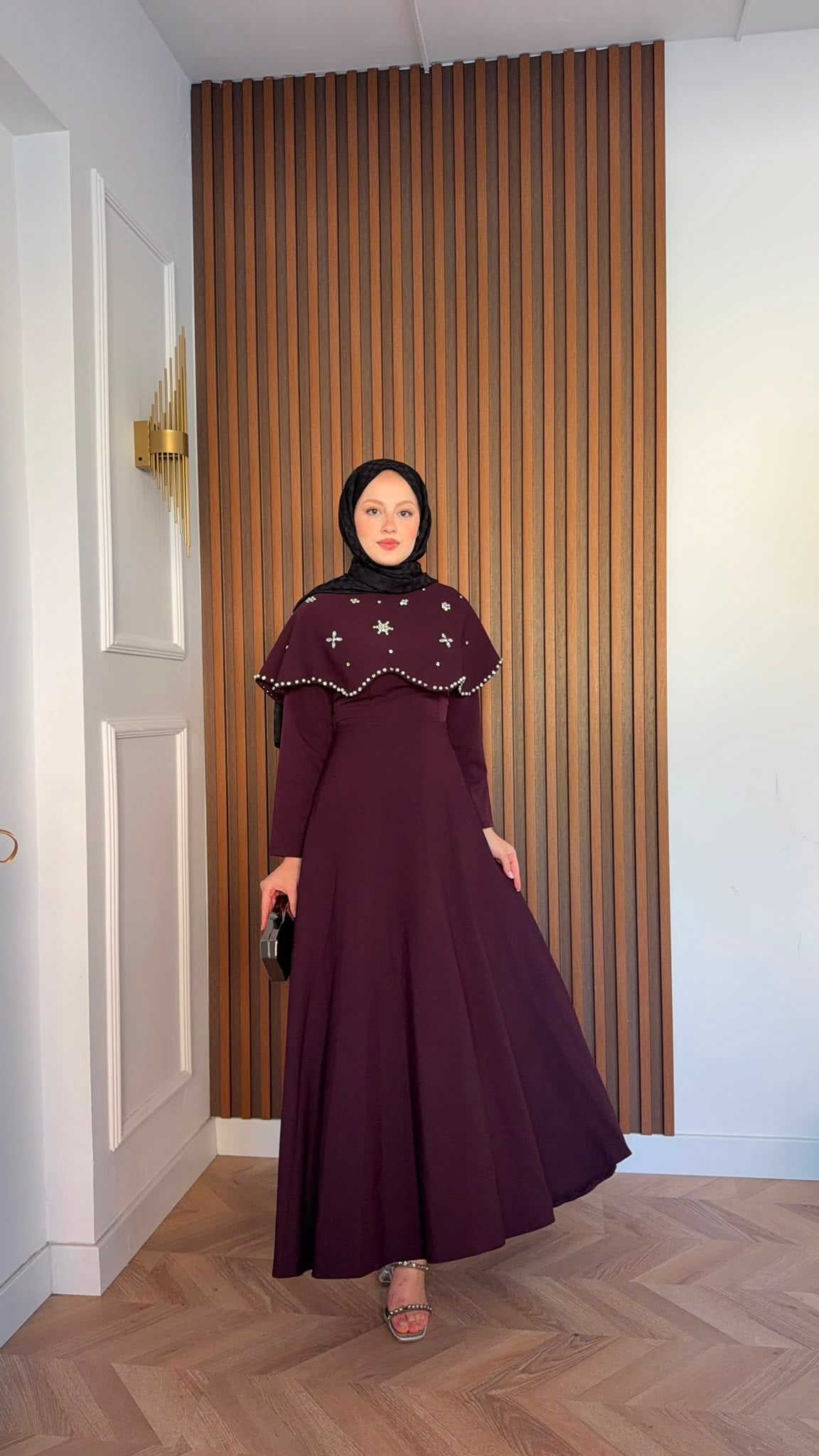 MEYSADESIGN ELBİSELER Blue Taşlı Yakalı Abiye Bordo