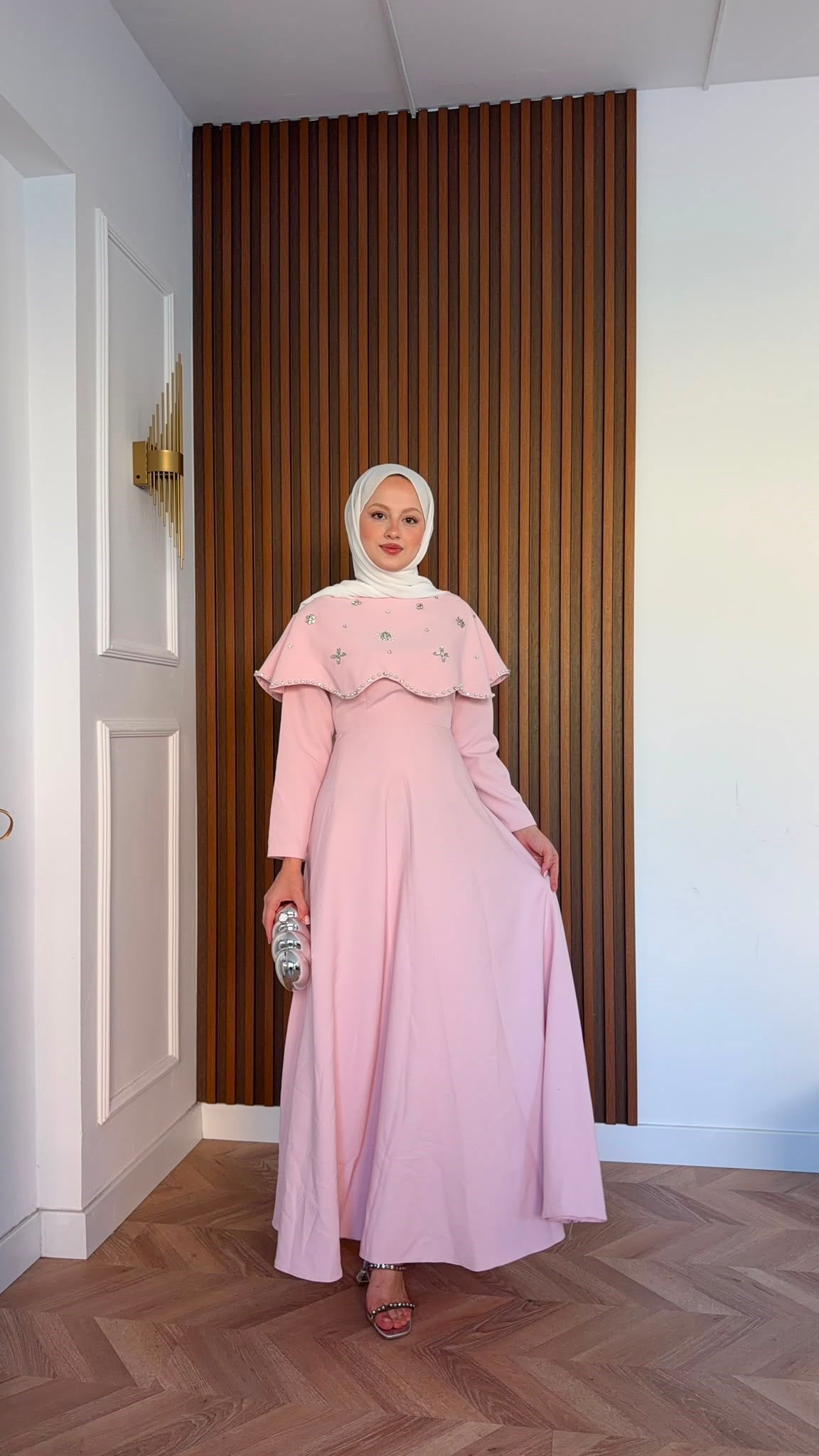 MEYSADESIGN ELBİSELER Blue Taşlı Yakalı Abiye Pembe