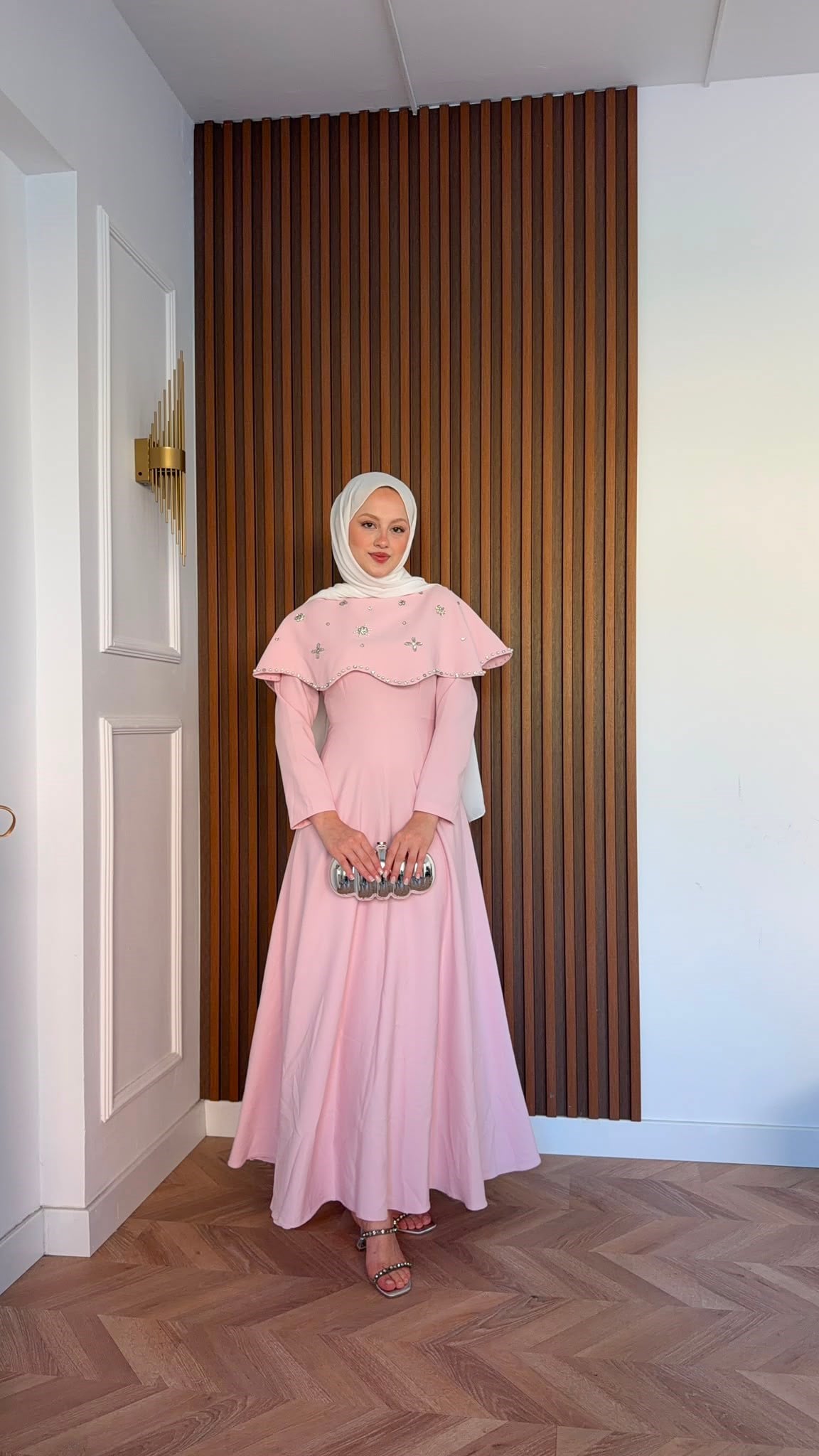 MEYSADESIGN ELBİSELER Blue Taşlı Yakalı Abiye Pembe
