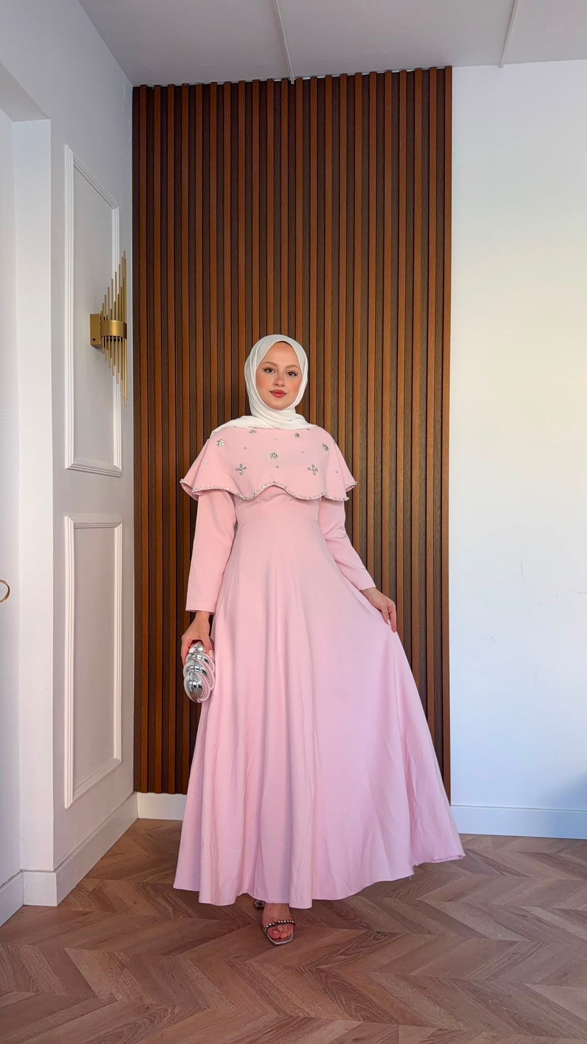 MEYSADESIGN ELBİSELER Blue Taşlı Yakalı Abiye Pembe
