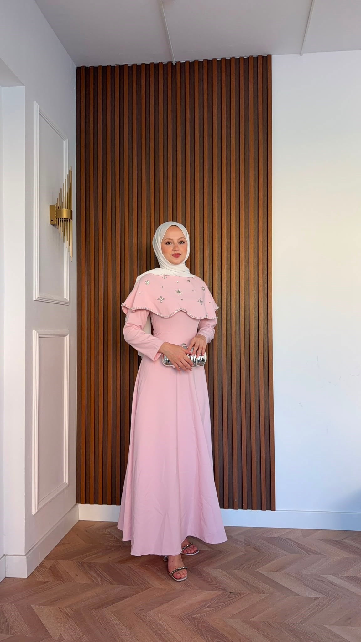 MEYSADESIGN ELBİSELER Blue Taşlı Yakalı Abiye Pembe