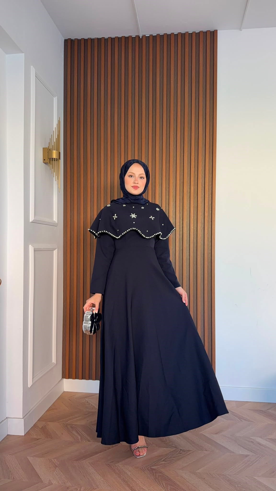 MEYSADESIGN ELBİSELER Blue Taşlı Yakalı Abiye Lacivert