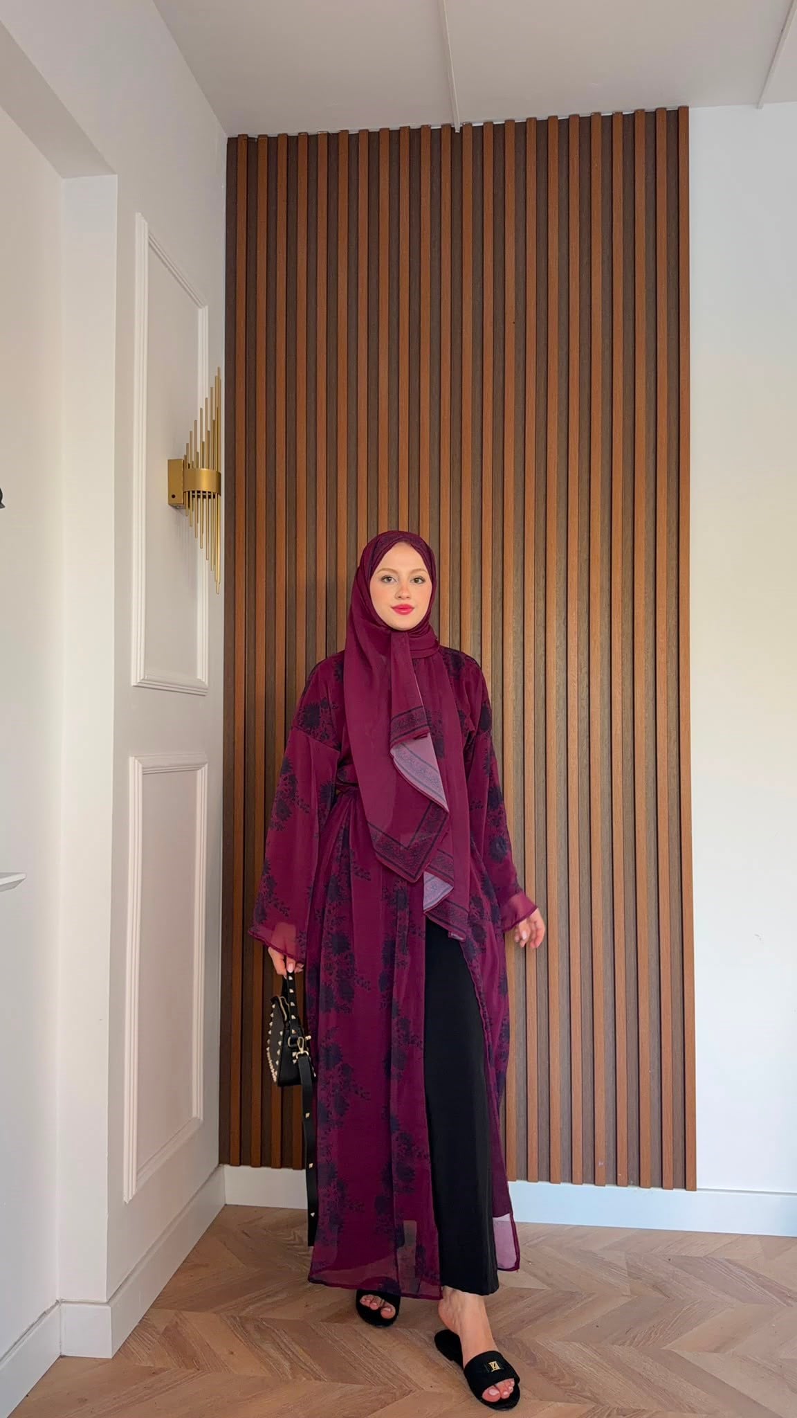 MEYSADESIGN ELBİSELER Bordo Siyah Çiçekli Şallı Abaya Takımı